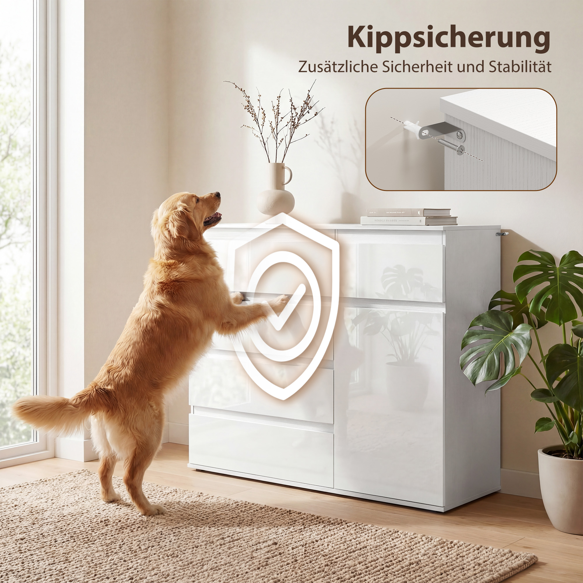 Modernes Sideboard, Stauraum-Sideboard mit 5 Schubladen, verstellbarem Regal, Soft-Close-Tür, Weiß Hochglanz