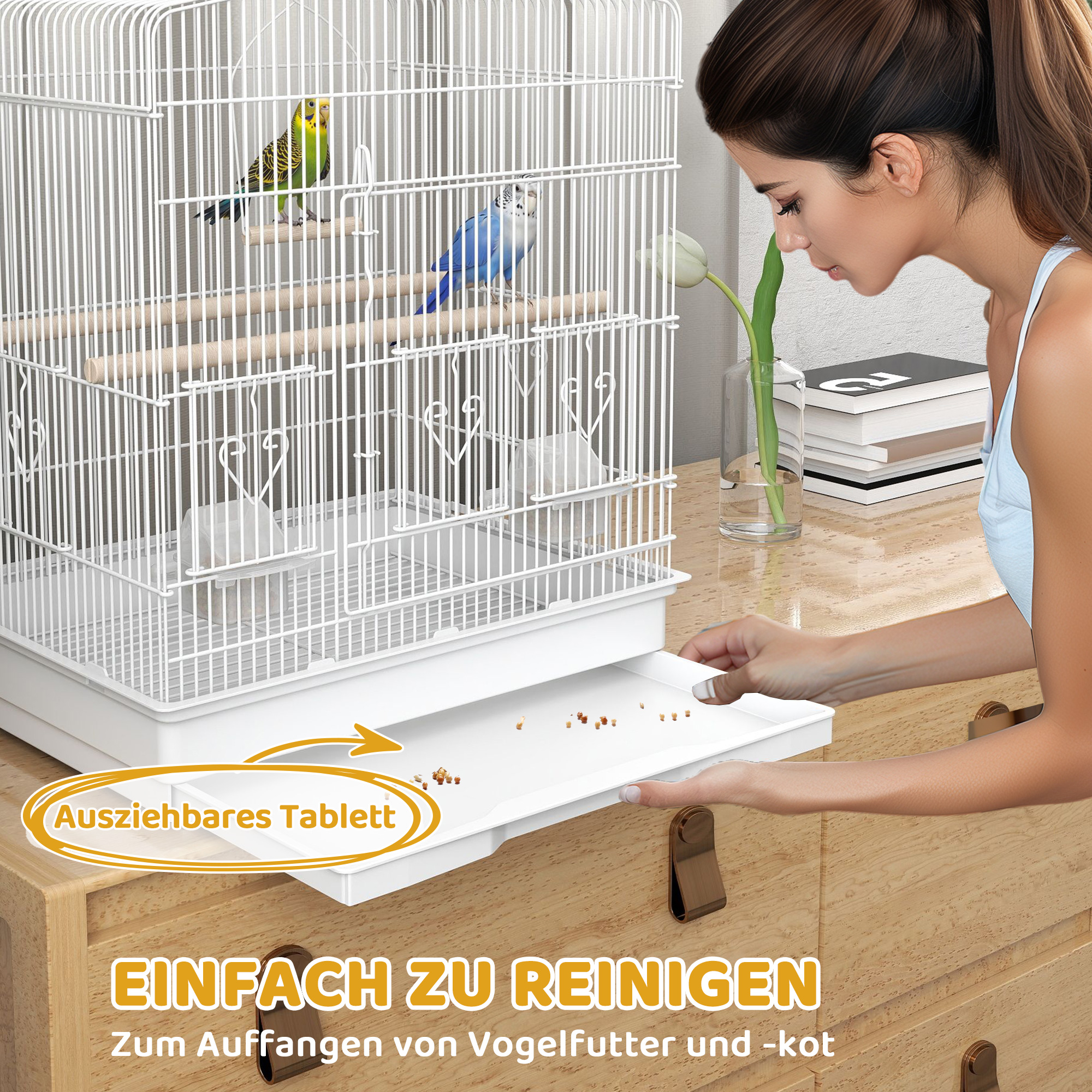 Vogelkäfig im Vintage-Design für kleine Vogelarten inkl. Zubehör 46,5 x 36 x 59 cm Stahl, Holz, Weiß+Natur