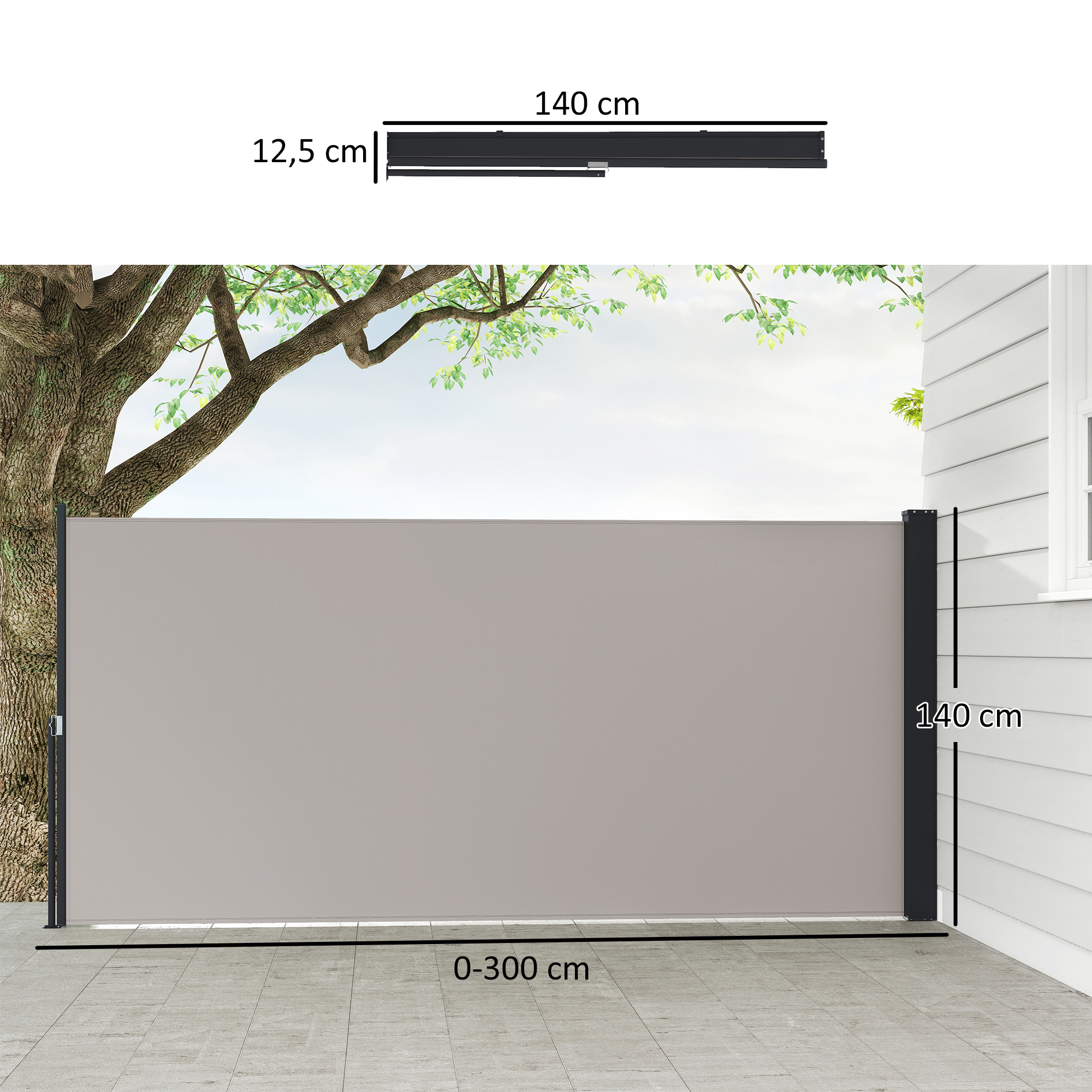 Seitenmarkise, Seitenrollo, ausziehbar, Sichtschutz, Aluminium/Polyester, 3 x 1,4 m, Hellgrau