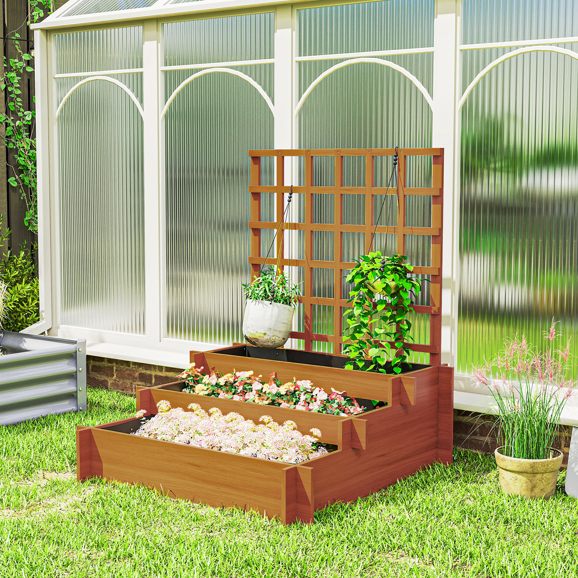 Hochbeet mit Rankhilfe, 3-stufig Blumenkasten mit Vliesstoff Tannenholz, Braun, 95 x 95 x 110 cm