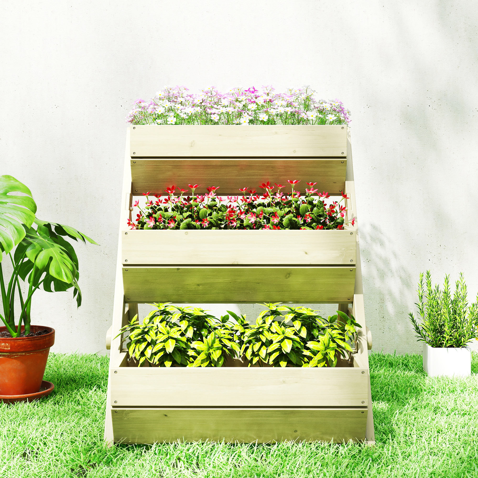Vertikales Hochbeet mit 3 Etagen Vertikalbeet aus Holz Blumenkasten mit 3 Pflanzkästen Ablauflöchern Grün