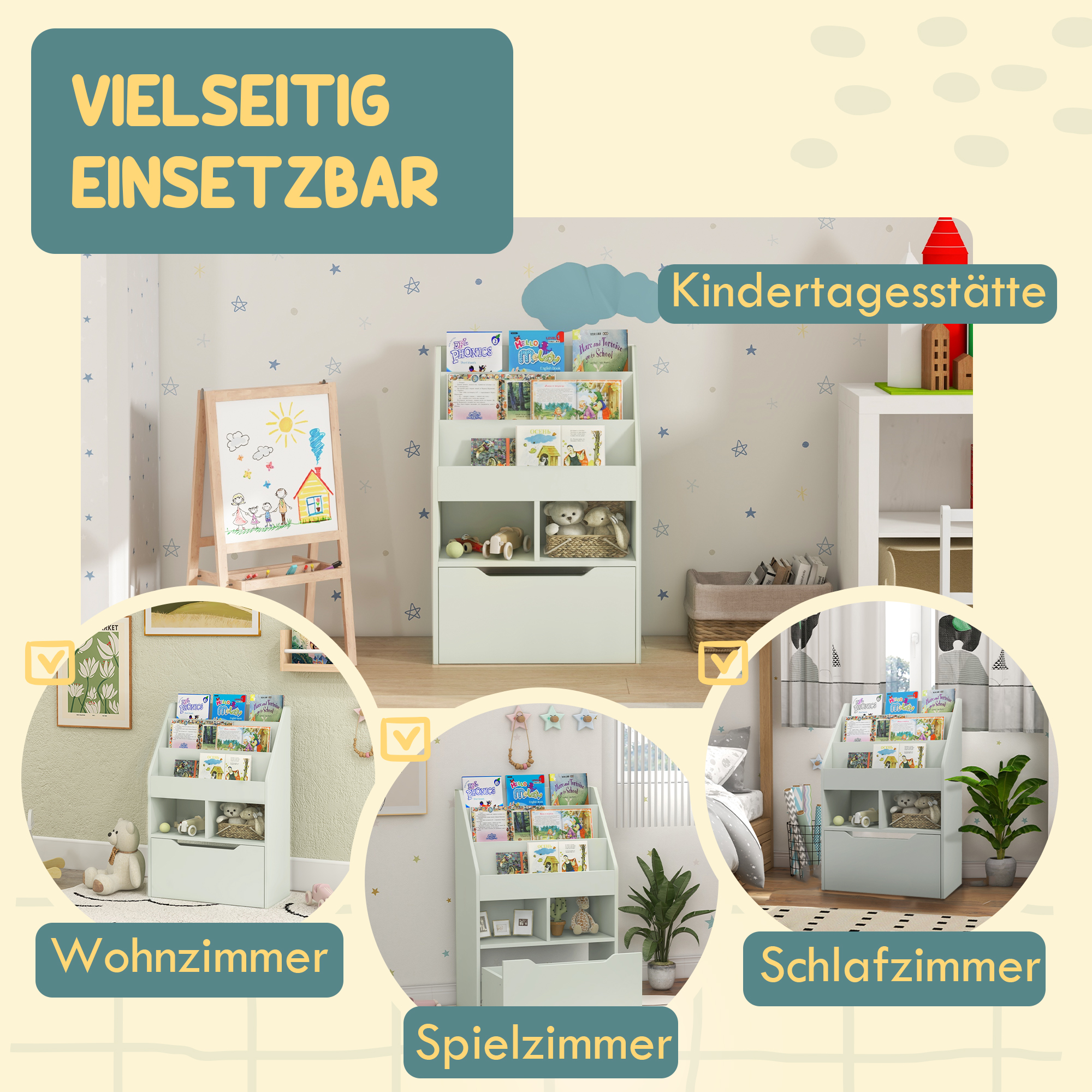 Kinderregal mit Schublade, Bücherregal mit Fächern, 60 x 29,9 x 90 cm, Grün