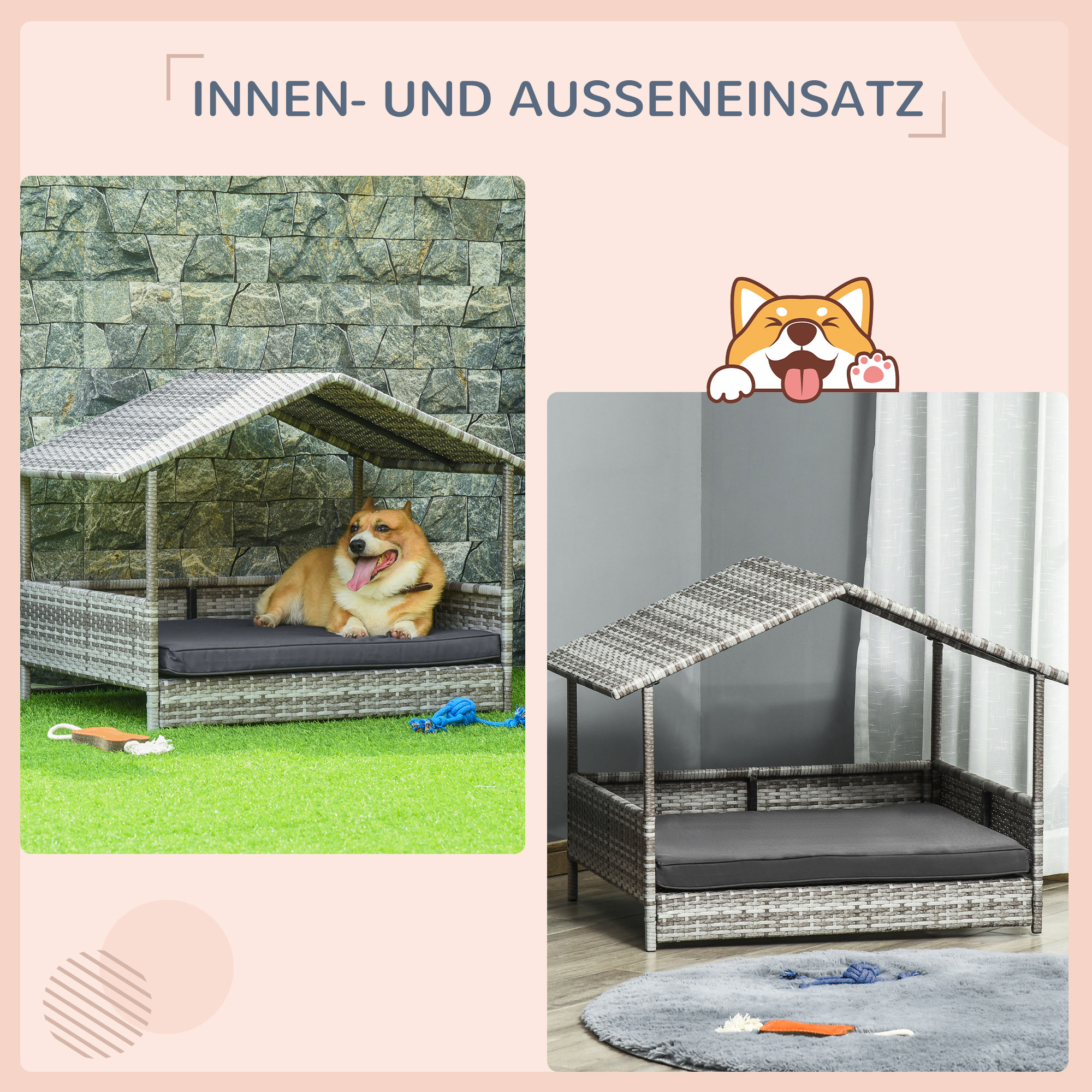 Hundehütte Haustierbett Hundekorb, wetterbeständig, abnehmbares Poster, Grau