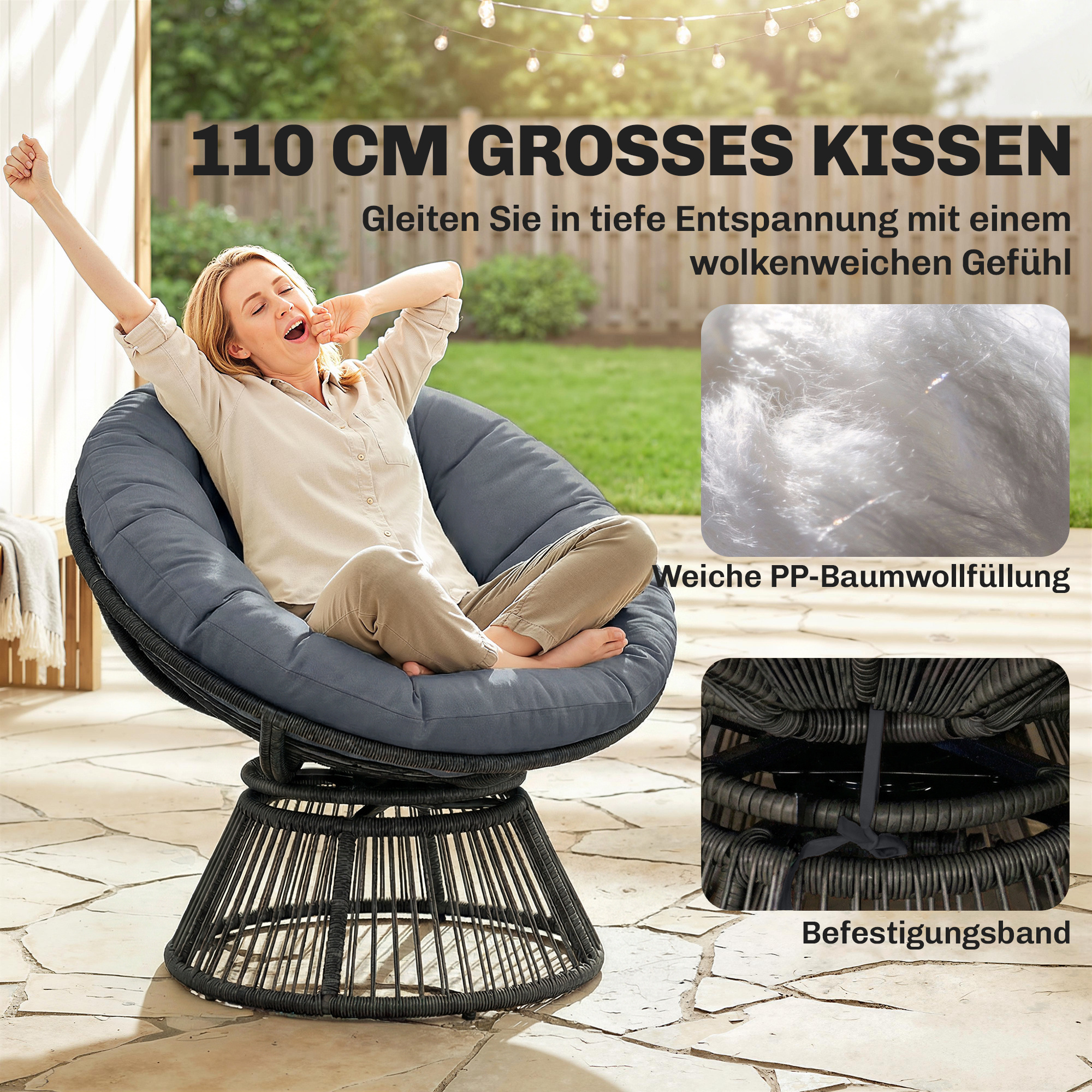 Papasansessel 360° drehbar Korbsessel mit Kissen Stahlrahmen runder Rattansessel Loungesessel Grau