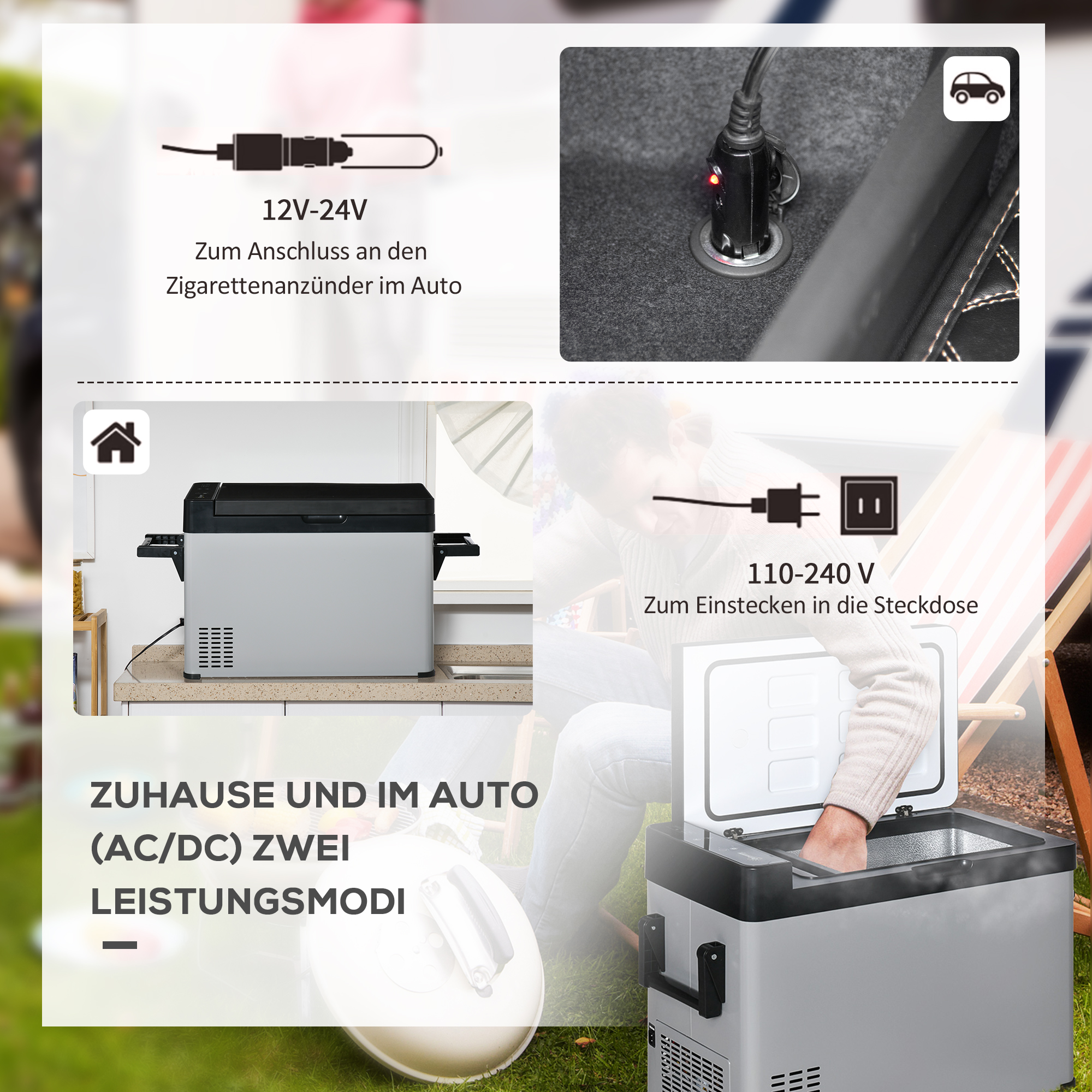Kühlbox Auto 50L mit LCD-Anzeige 2 Modi Kompressor Autokühlschrank mit Griffe Boot Camper Reisen 12/24V DC und 110-240V AC Grau+Schwarz