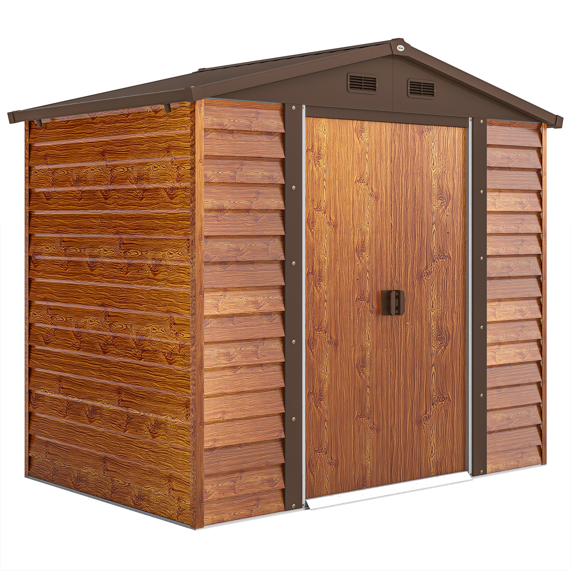 Gartenschuppen, Geräteschuppen, Gartenhaus mit Fenster, wetterfest, Holzoptik, Stahl, 152 x 235,7 x 208,7 cm, Braun