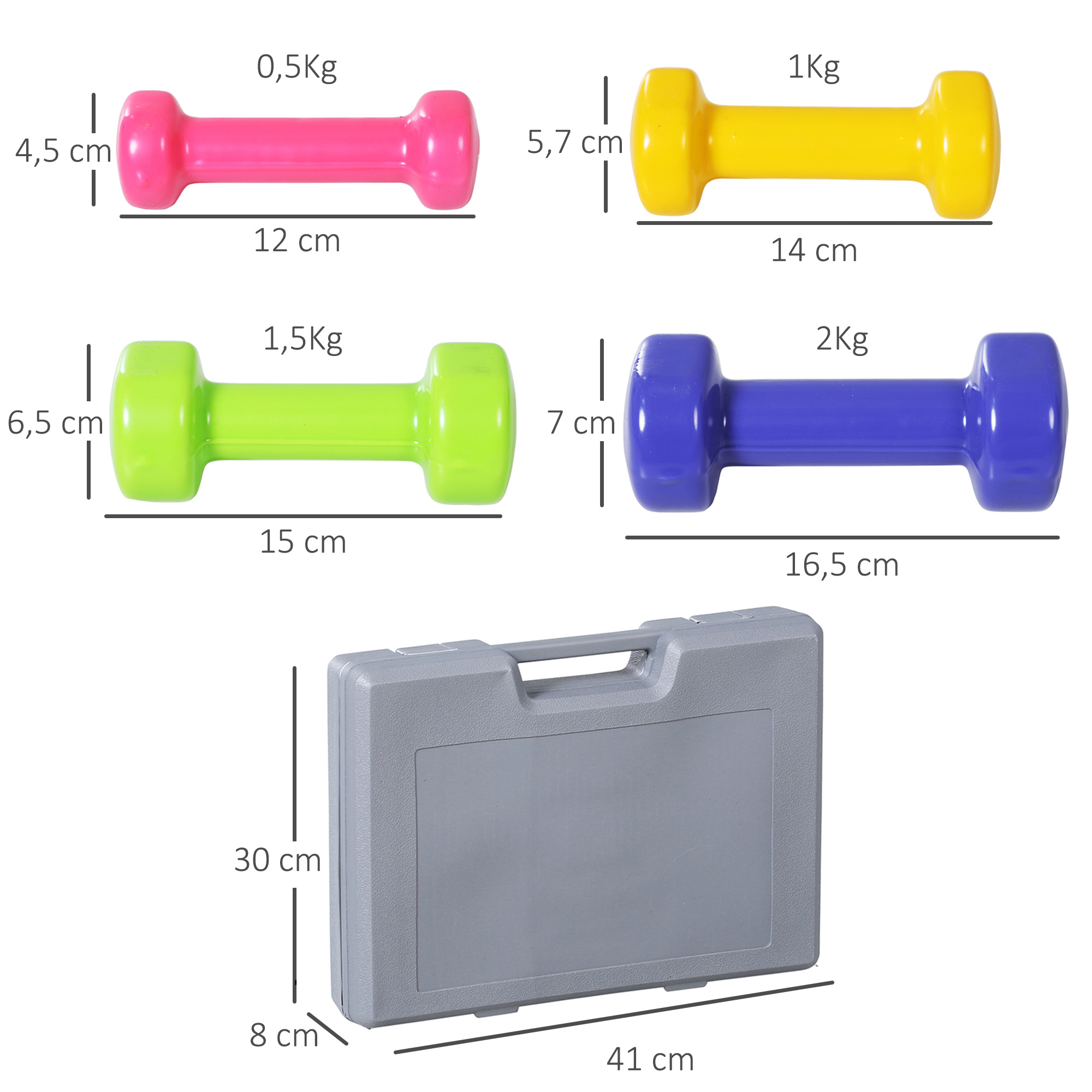 Hantelset 4 Hantelpaare mit Koffer 0,5 kg/1 kg/1,5 kg/2 kg Eisen+Kunststoff Rot Gelb Grün Lila