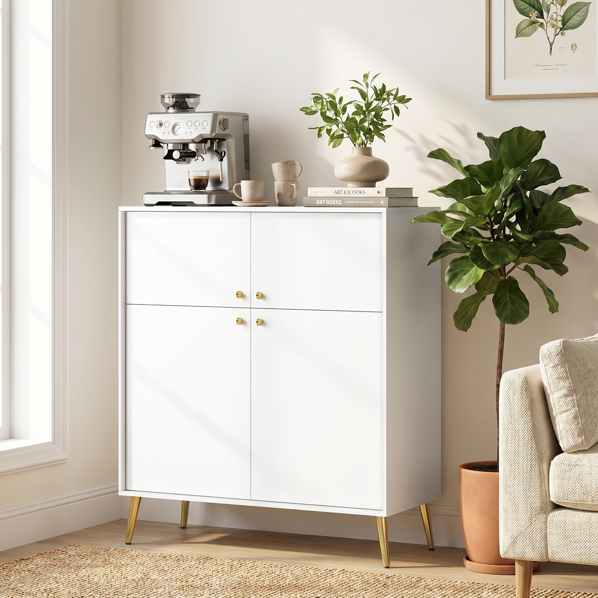 Modernes Sideboard, 105,4 cm Buffet mit Metallfüßen, für Esszimmer & Küche, Cremeweiß