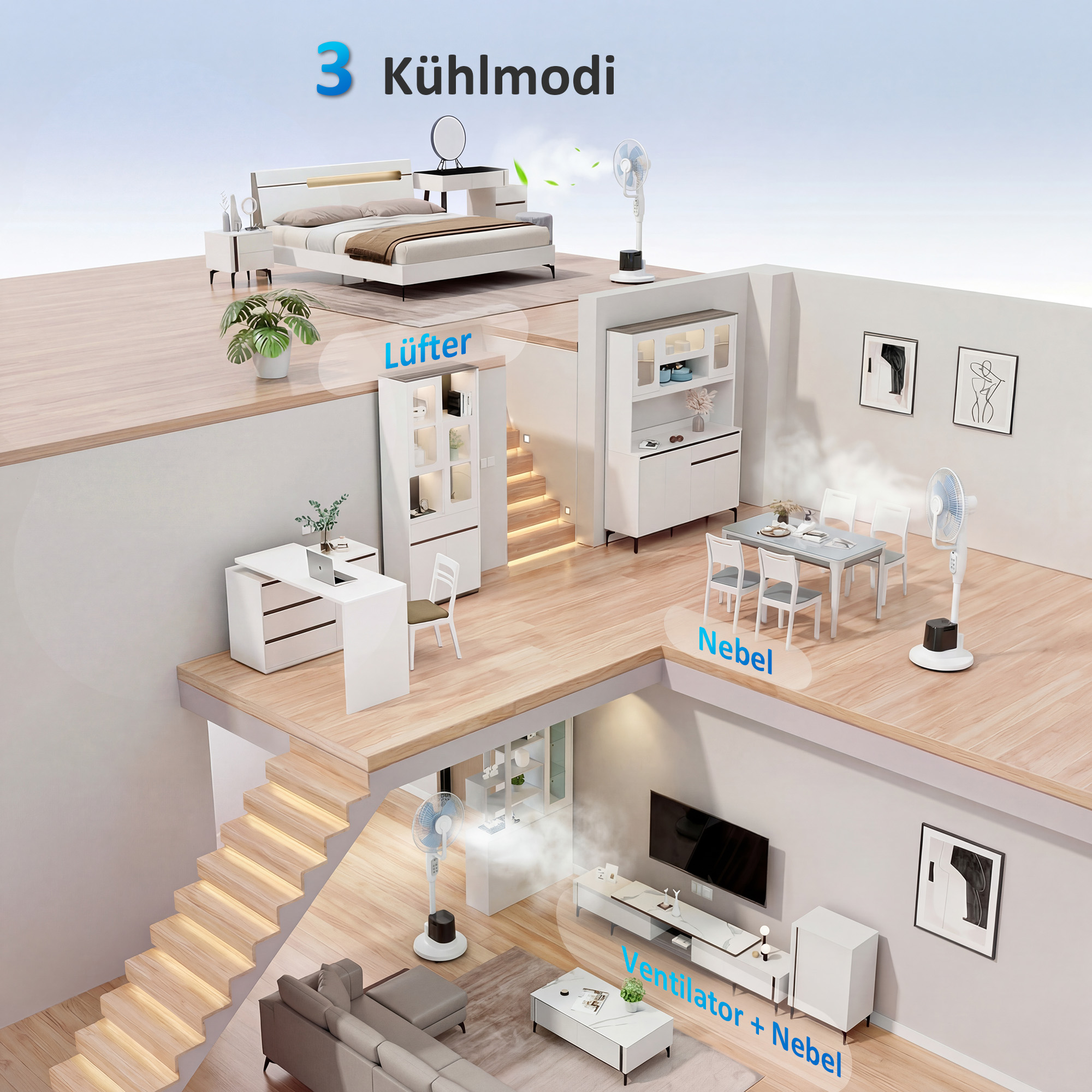 Stehventilator mit Sprühnebel, 70° Oszillation, 3 Geschwindigkeiten, 3 Modi, 3,5L Wassertank, Weiß