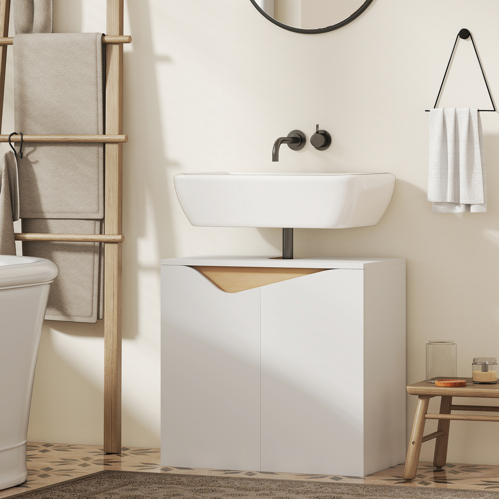 Waschbeckenunterschrank, Badezimmer Unterschrank mit Soft-Close-Türen, Weiß, 60 x 35 x 57,9 cm