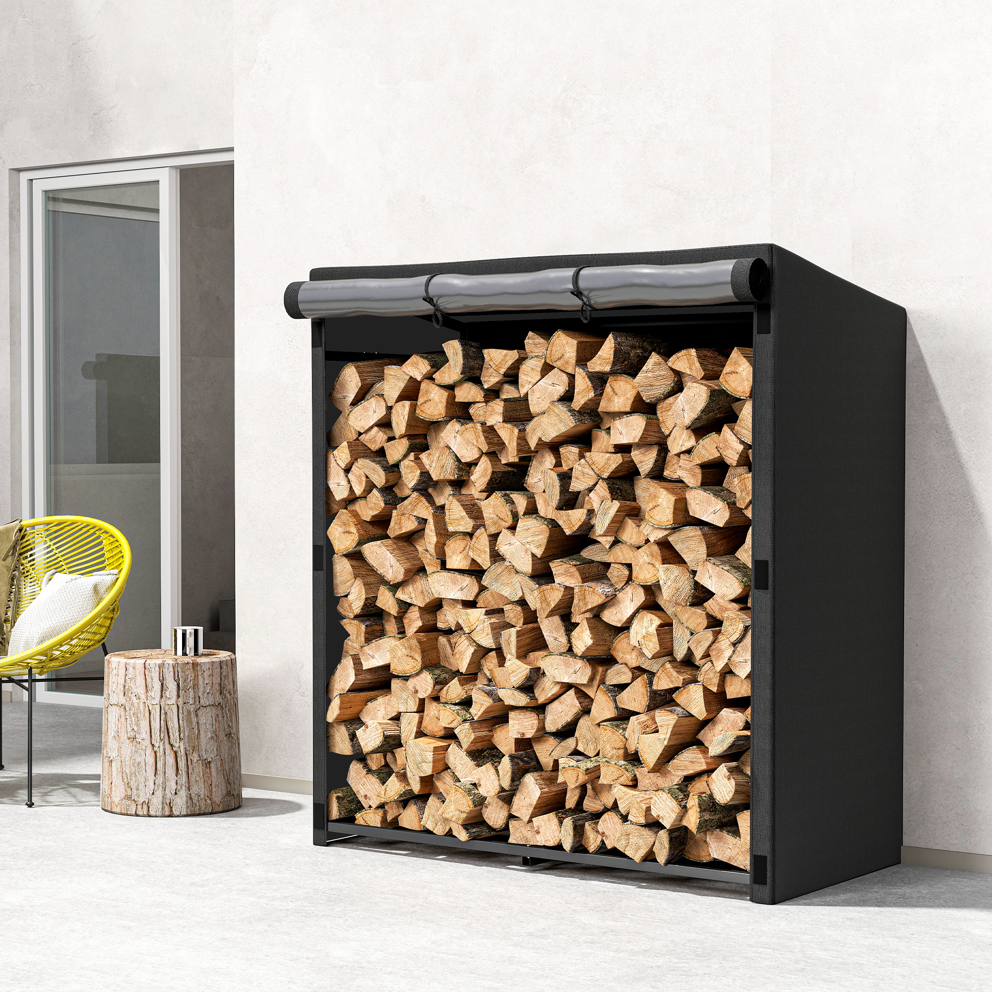 Feuerholzregal, Brennholzständer aus Stahl, Stoffabdeckung, 300 kg Belastbarkeit, 140 x 70 x 154 cm, Schwarz