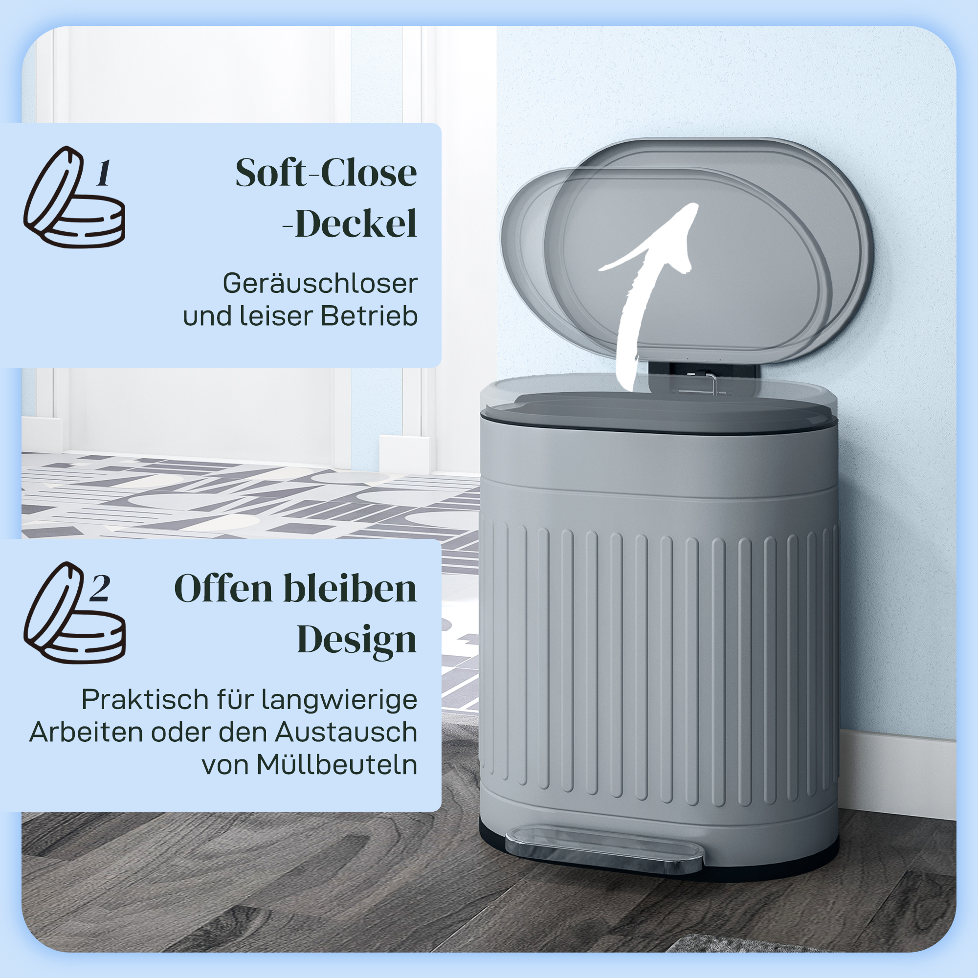 Mülleimer 20l Treteimer mit Deckel Fußpedal herausnehmbarem Inneneimer Soft-Close-Funktion 36,5 x 31,2 x 45 cm, Grau