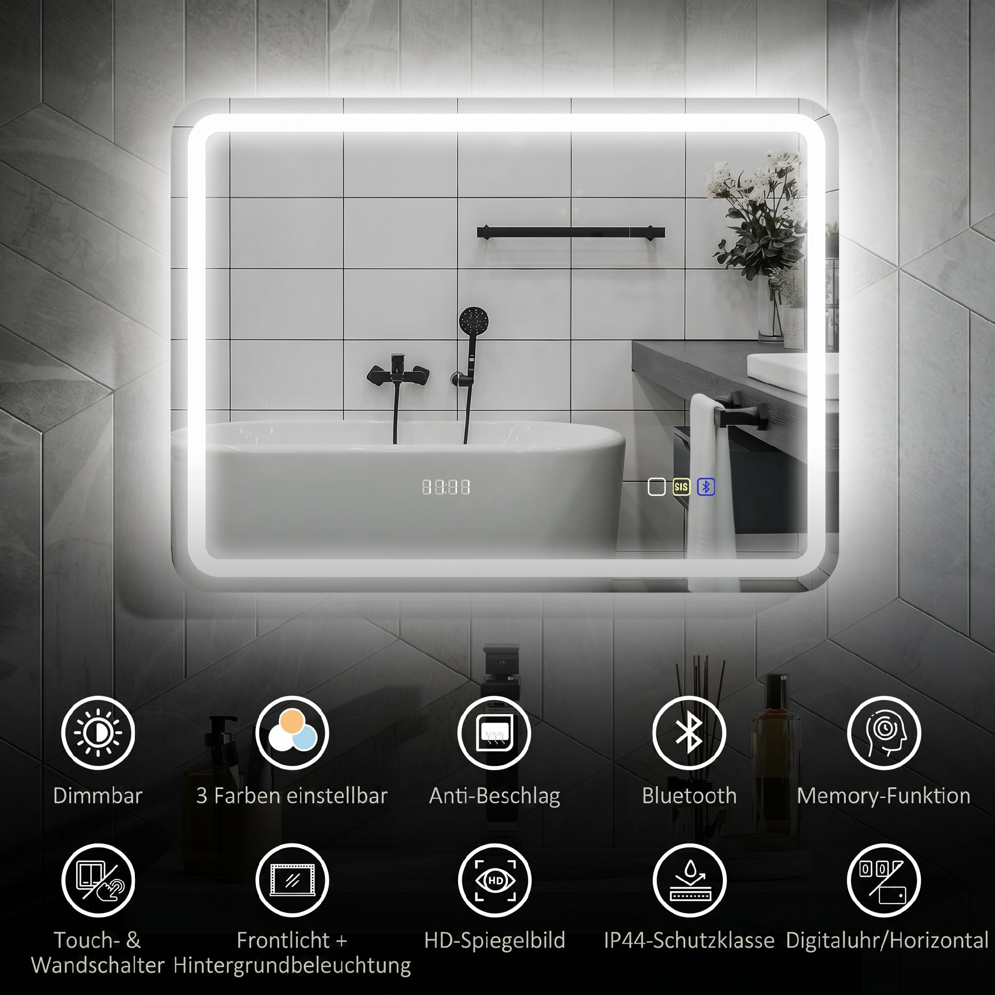 Badezimmerspiegel mit LED-Beleuchtung, Anti-Beschlags-Pad, 3 verstellbare Farben, Uhr, 600 x 800 mm, Silberfarben