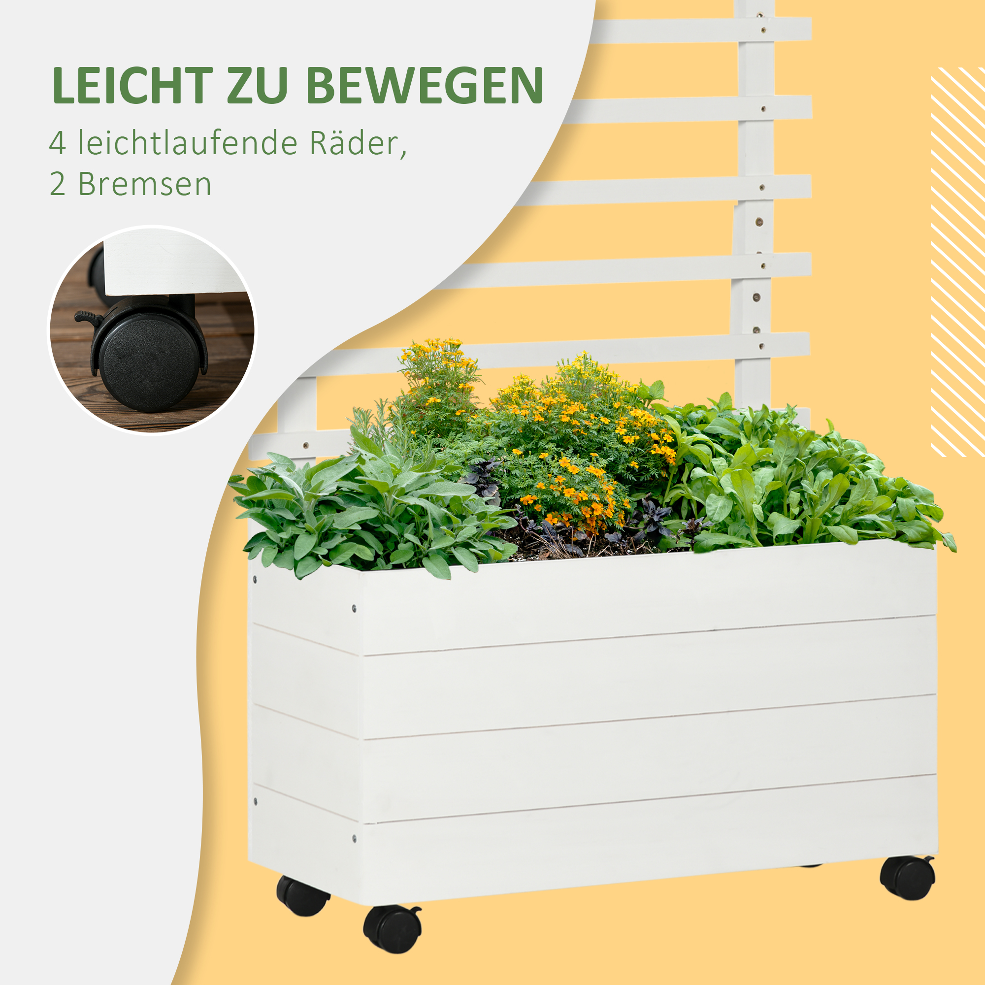 Pflanzkasten mit Spalier, 4 Räder, Naturholz, wetterfeste Lackierung, weiß, 76 x 30 x 155 cm