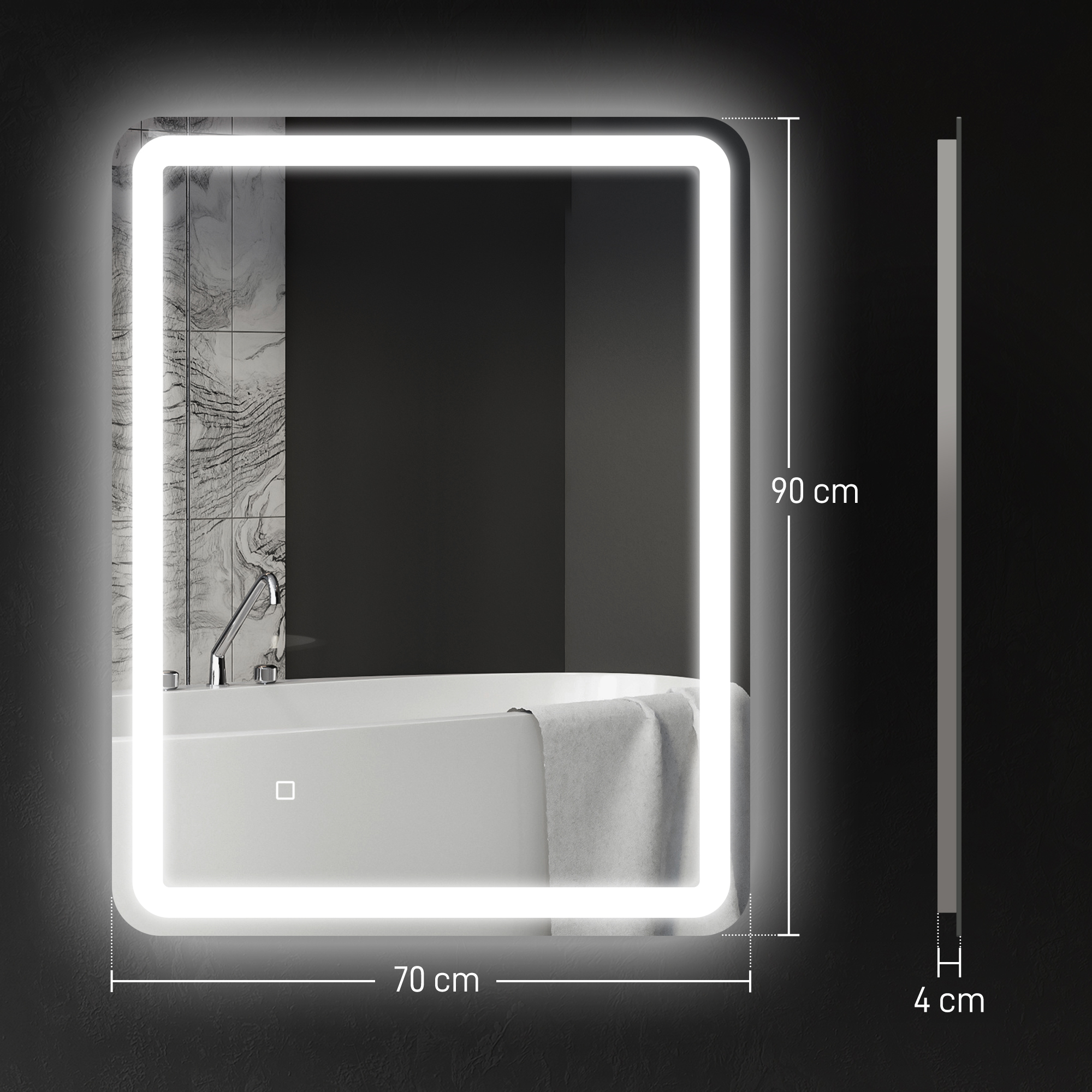 Badezimmerspiegel, beleuchtet, Touch-Steuerung, beschlagfrei, dimmbar, 3 Lichtfarben, 70x90, Silber