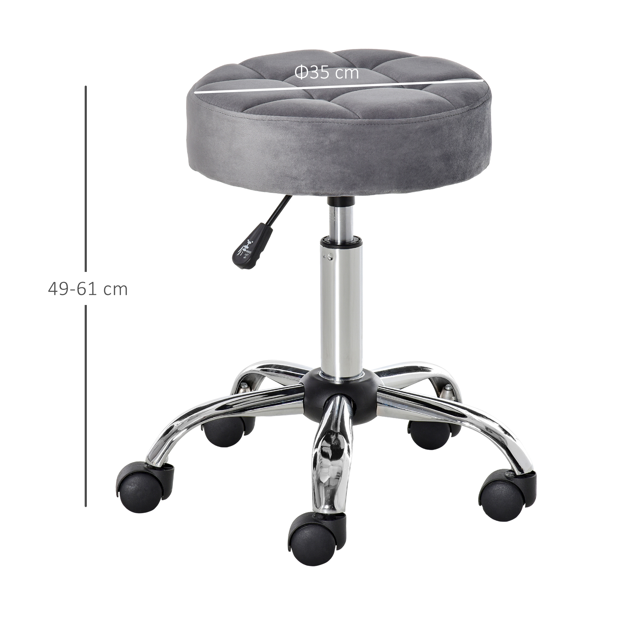 Salonstuhl mit Rädern Rollhocker höhenverstellbar drehbar Salon Hocker Samt-Touch Schaumstoff Chrom-Basis Hellgrau 35 x 35 x 49-61 cm