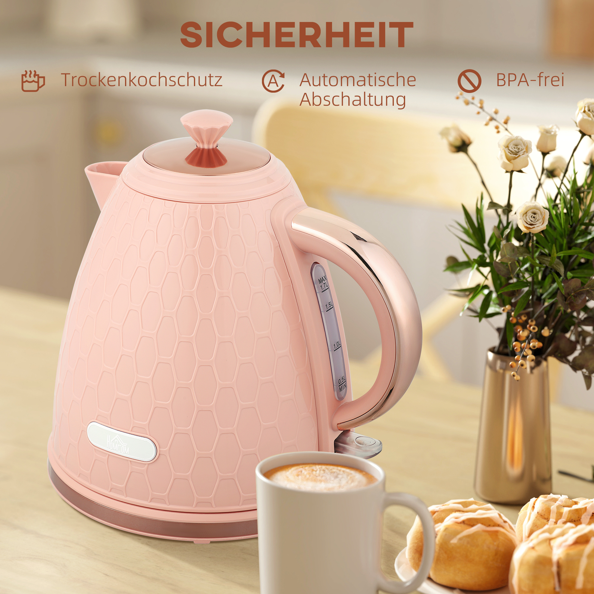 Wasserkocher, 2200W, Sichtfenster, Filter, Schnellkocher, Hellrosa