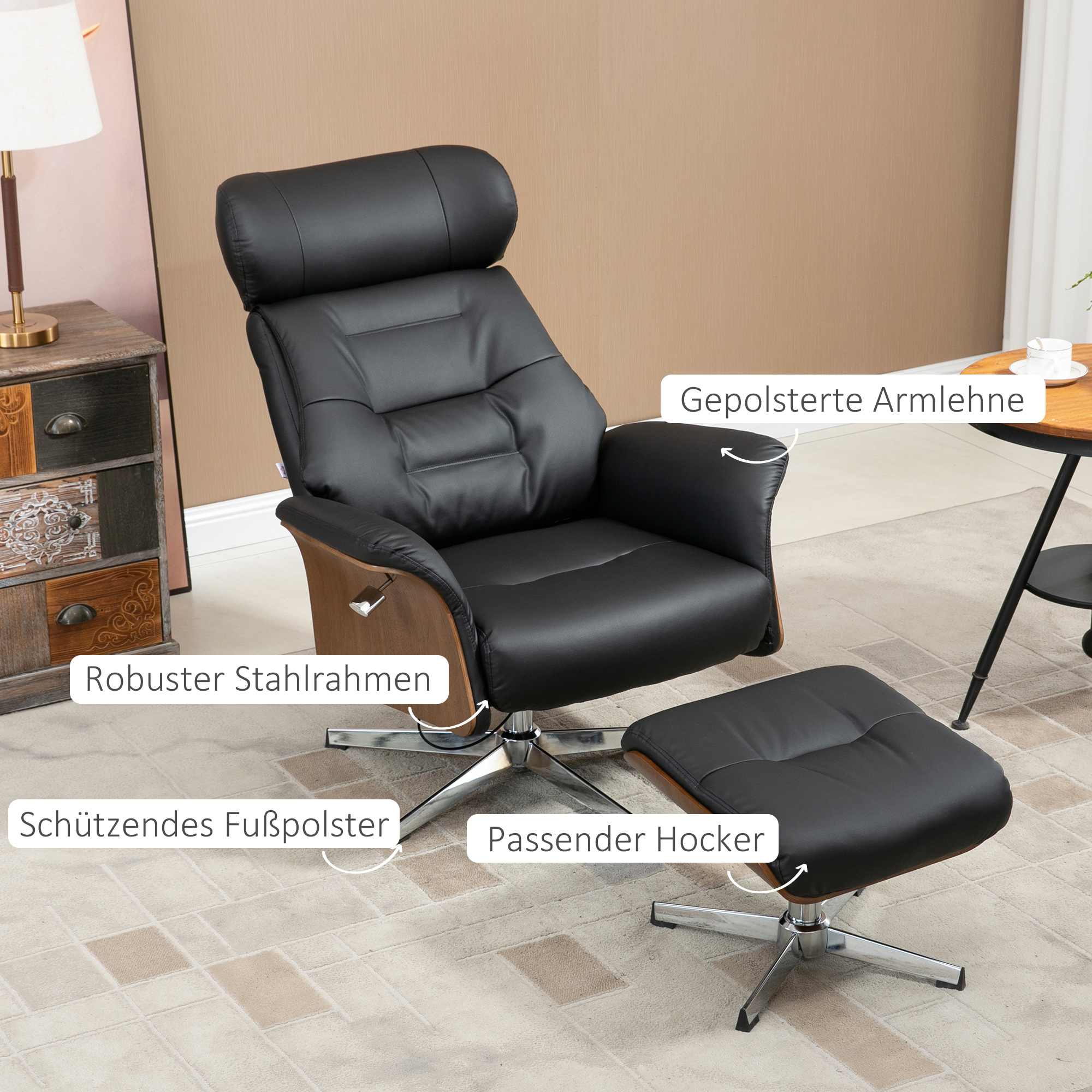 Relaxsessel mit Fußhocker, um 360° drehbar, Liegefunktion, Lesesessel, schwarz, 80 x 84 x 108 cm
