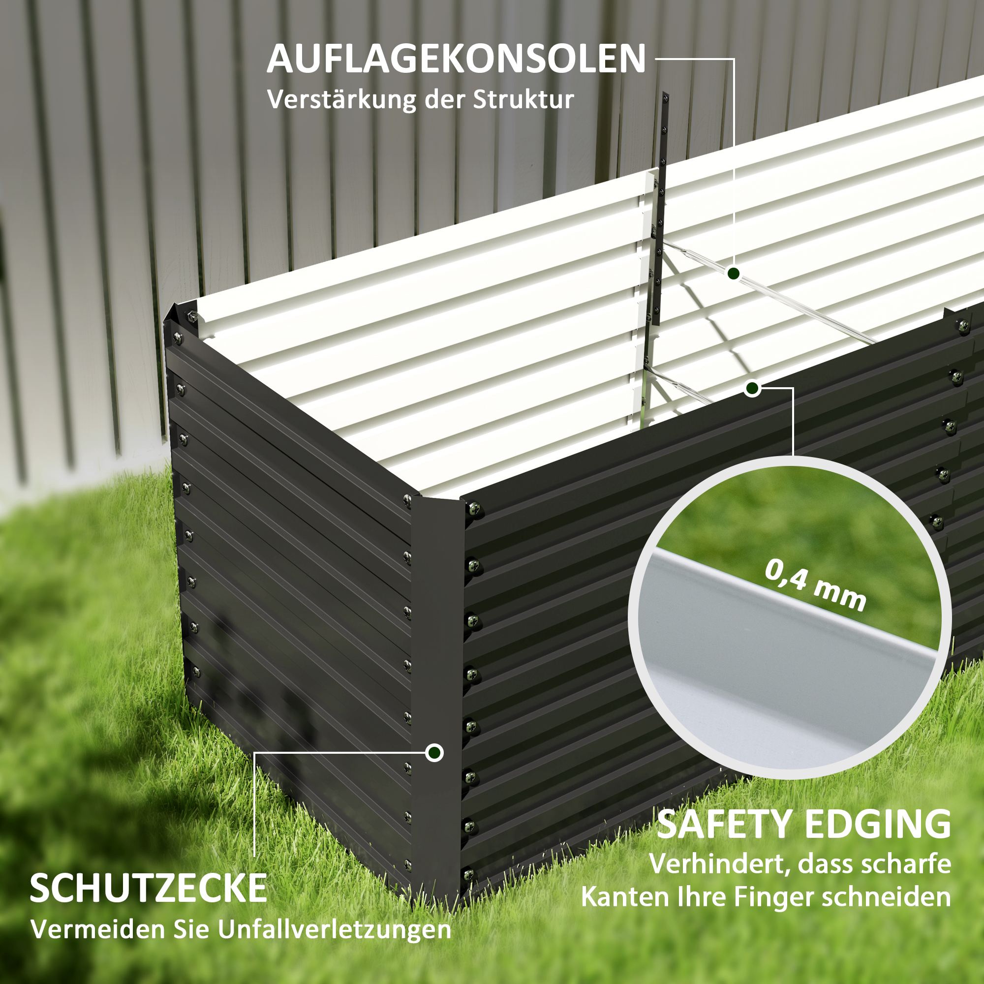 Hochbeet, offener Boden, pulverbeschichteter Stahl, 240 x 60 x 60 cm, Dunkelgrau