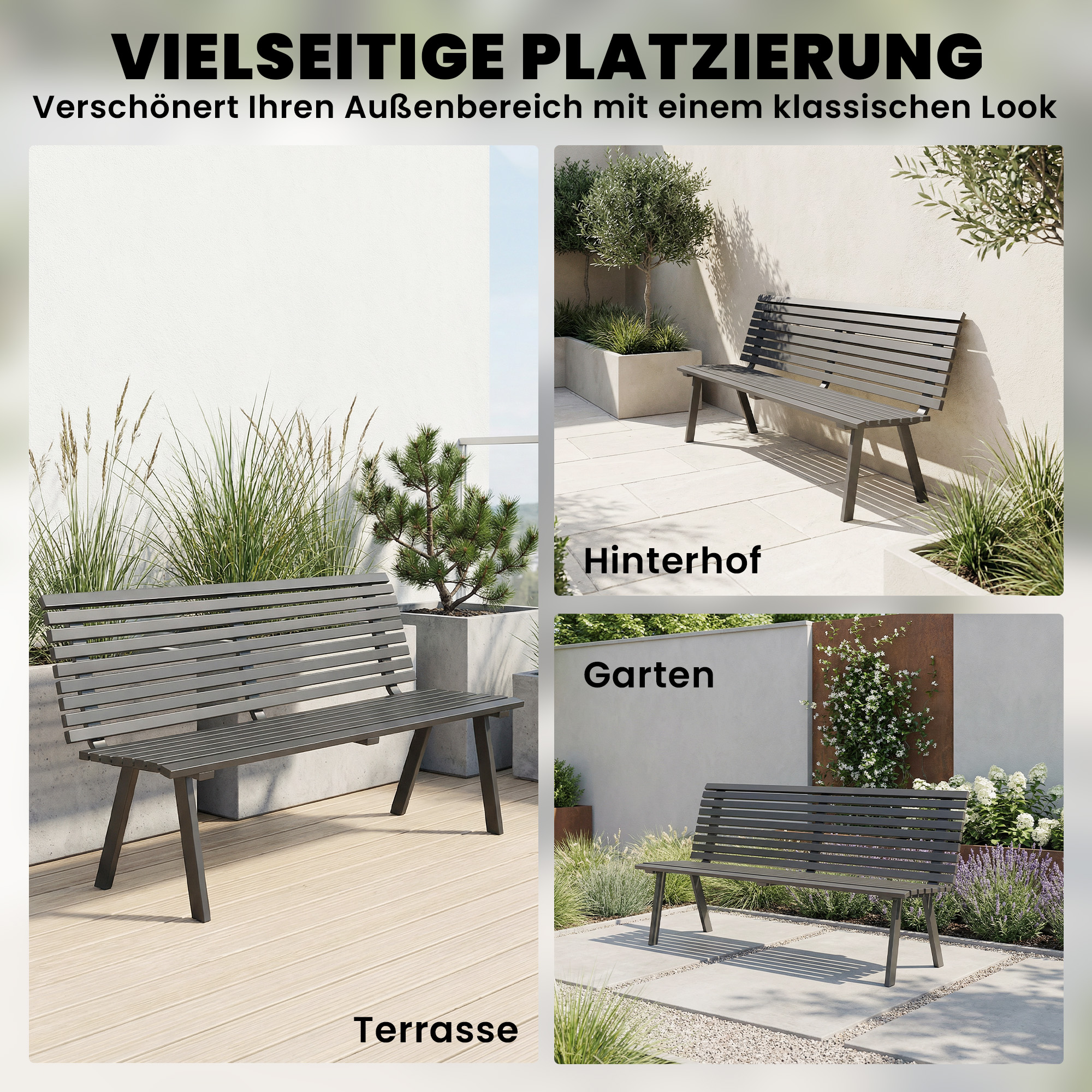 Gartenbank 3-Sitzer wetterfest Metall Outdoor Sitzbank mit breitem Sitz Lamellendesign, bis 240 kg 154 x 68 x 88 cm