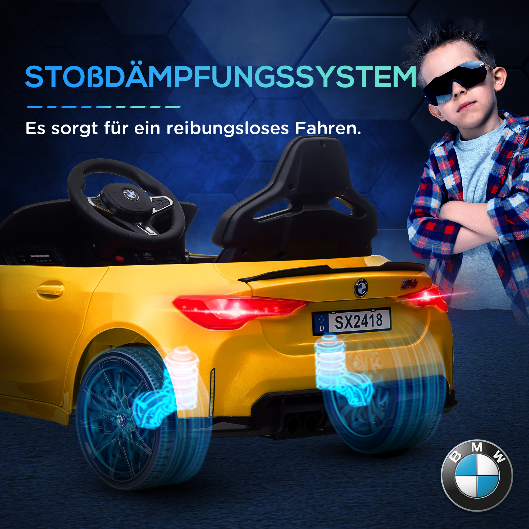 Elektro Kinderauto BMW M4, Sound & Licht, 3-5 km/h, inkl. Fernsteuerung, für 3-5 Jahre, Gelb