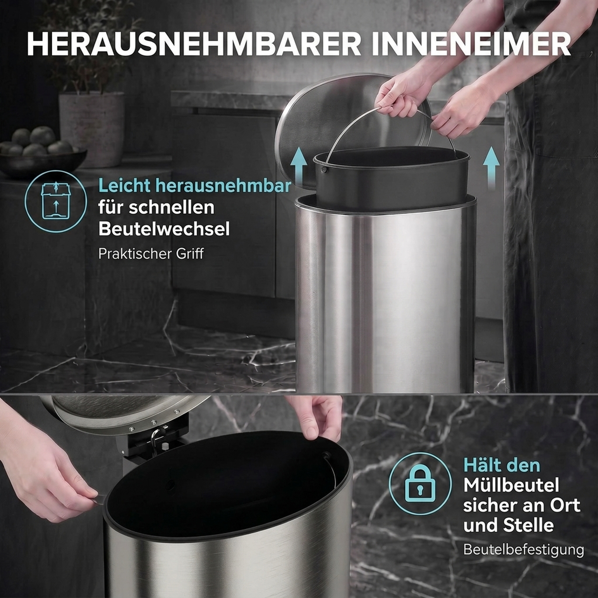 Mülleimer mit Soft-Close Deckel Treteimer mit Herausnehmbarem Inneneimer 30L Silber
