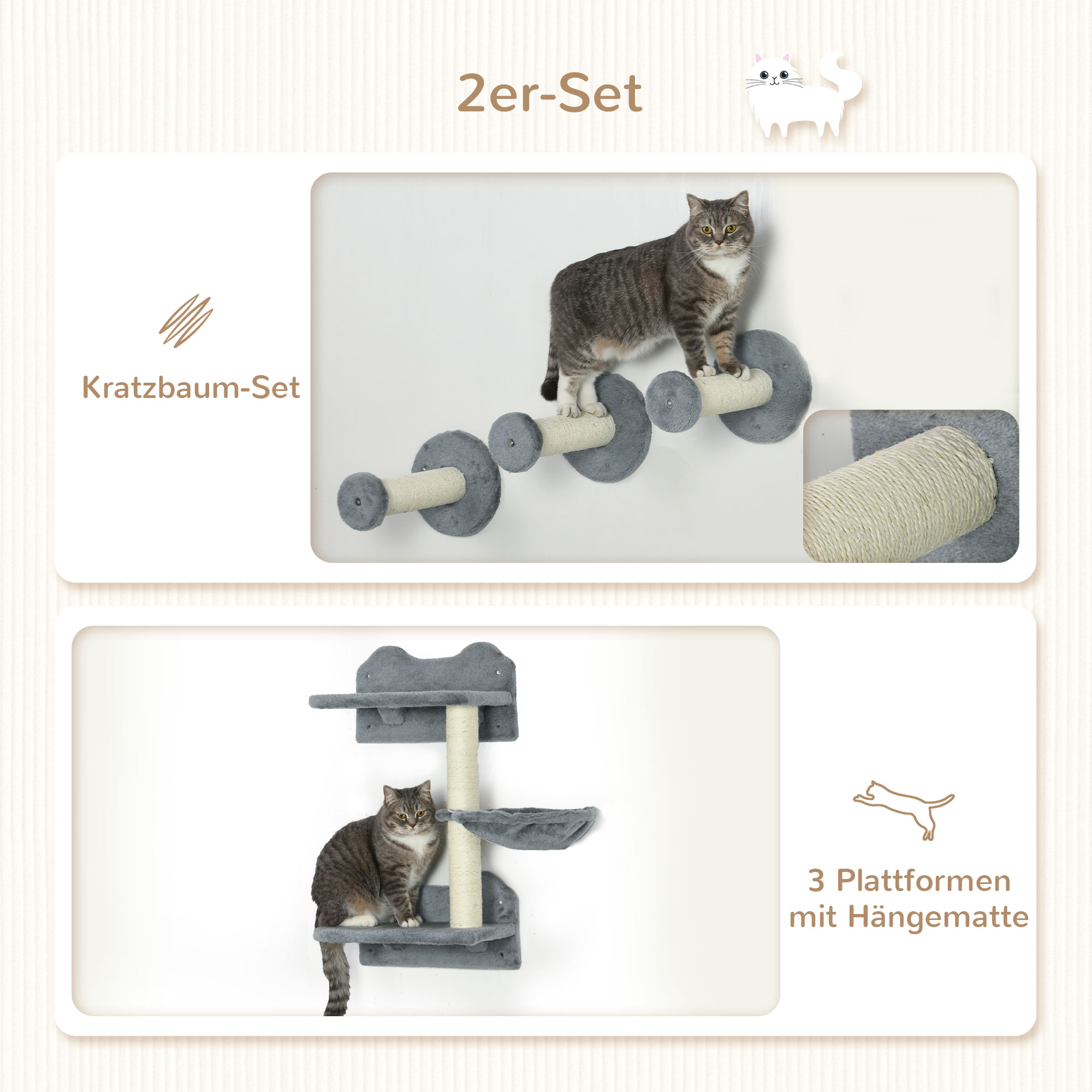 Kletterstufen, Kletterwand, Katzentreppe, 4-tlg. Set, mit Kratzbaum, Hängematte, grau+cremeweiß, 40 x 28 x 73cm