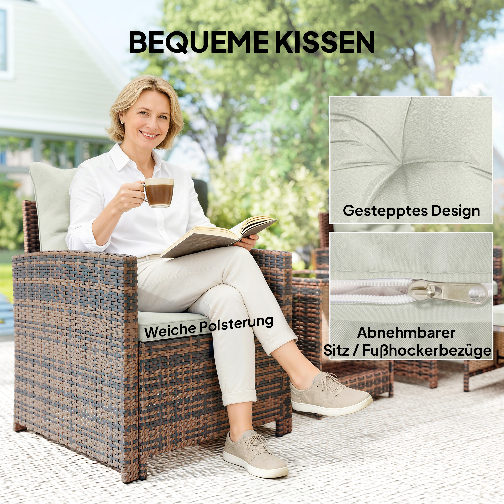 Rattan Gartenmöbel Set 5-teiliges Balkonmöbel Set mit 2 Stühle Kissen Hocker Tisch Staufach Cremeweiß