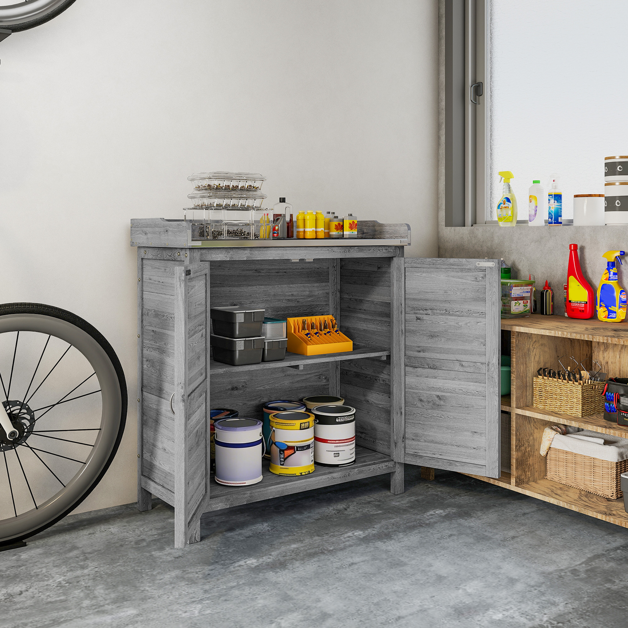 Gartenschrank mit Pflanztisch, Holz Geräteschuppen mit verzinkter Arbeitsplatte 2 Regalböden Grau