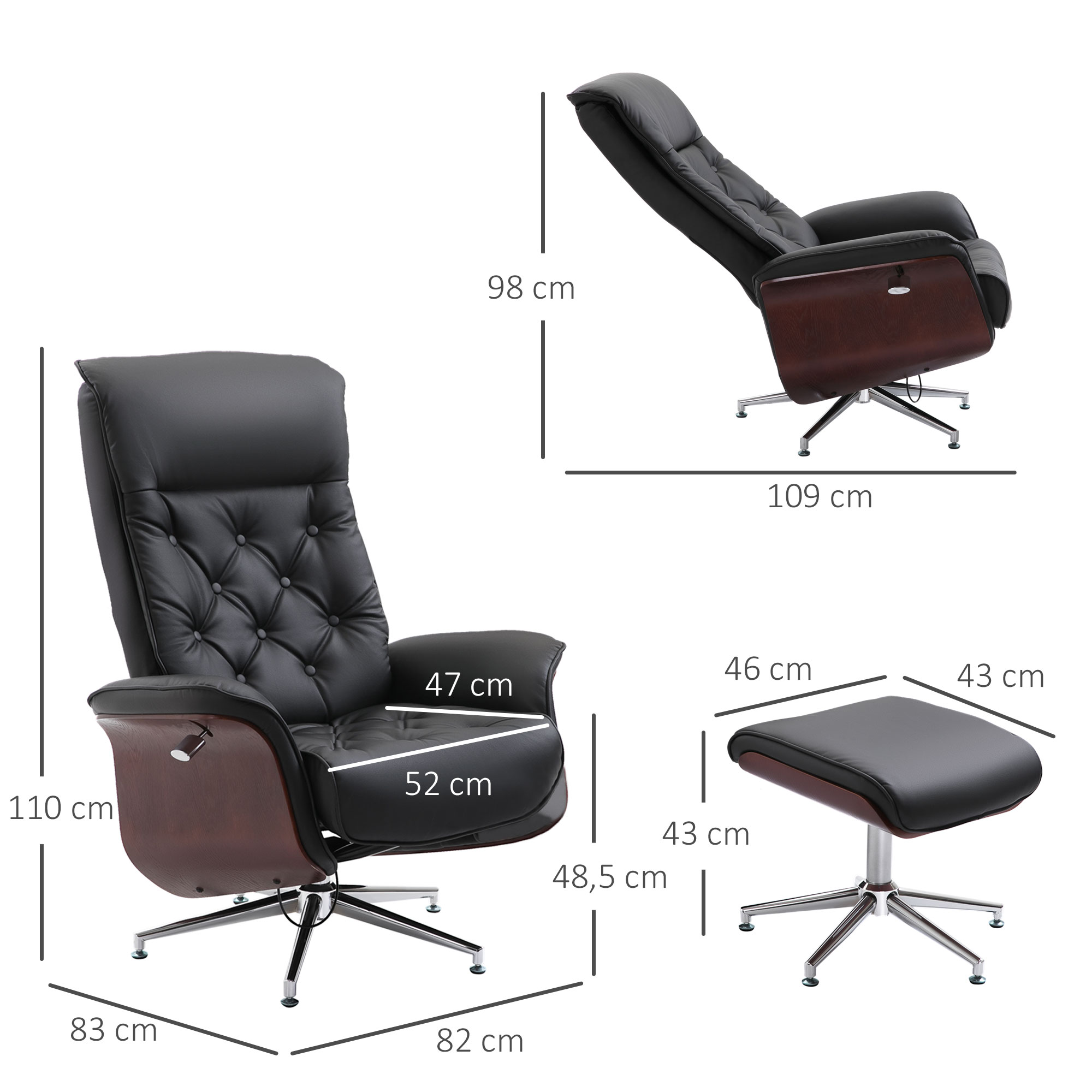 Relaxsessel mit Hocker Fernsehsessel Polstersessel 360° drehbar 145° neigbar mit Retro-Design Chesterfield PU-Bezug Holzverkleidung Metallfuß Schwarz 82 x 83 x 110 cm