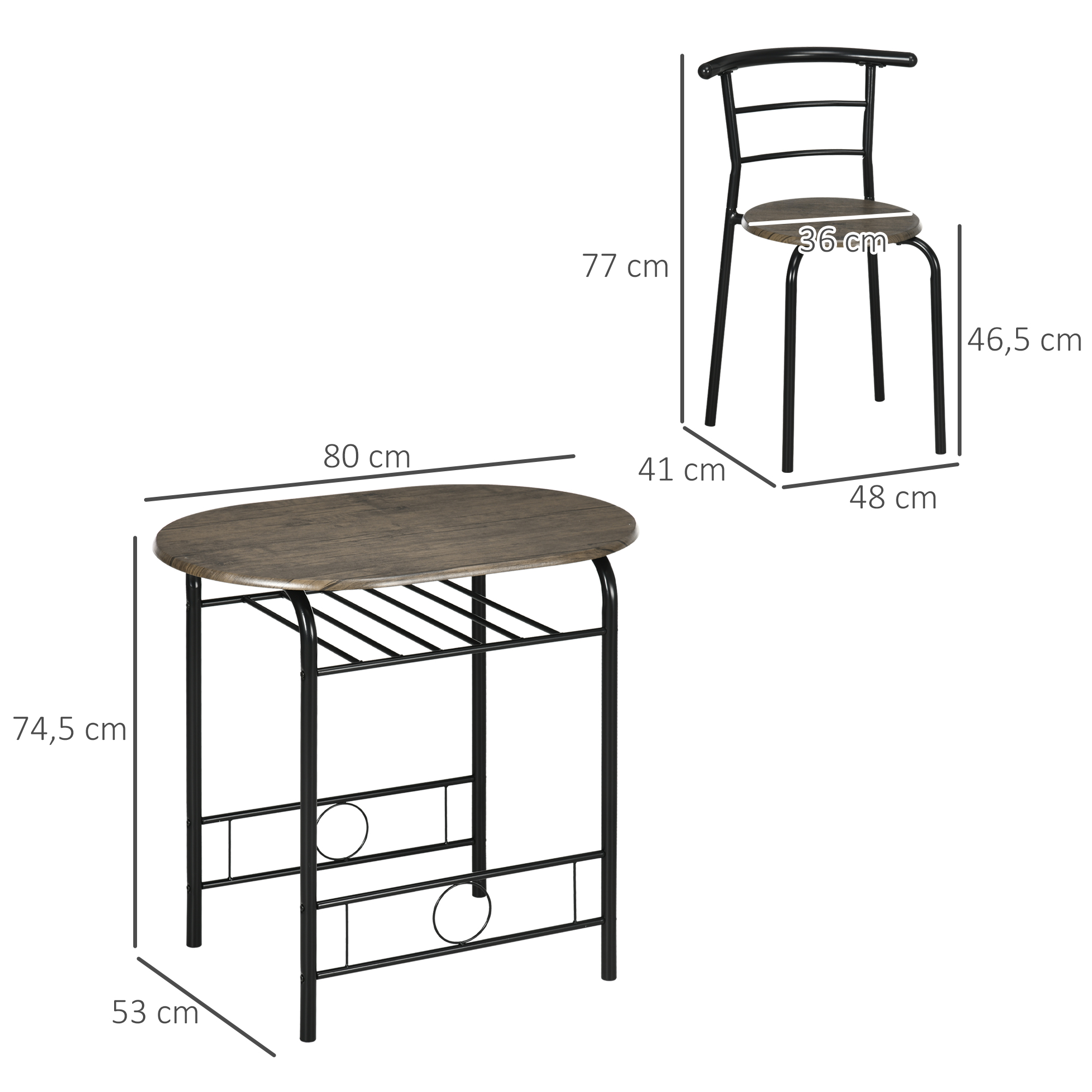 Bistro-Set Esstisch Küchentisch mit Stühlen Set, 1 Tisch, 2 Stühle, 80 cm x 53 cm x 74,5 cm, Schwarz