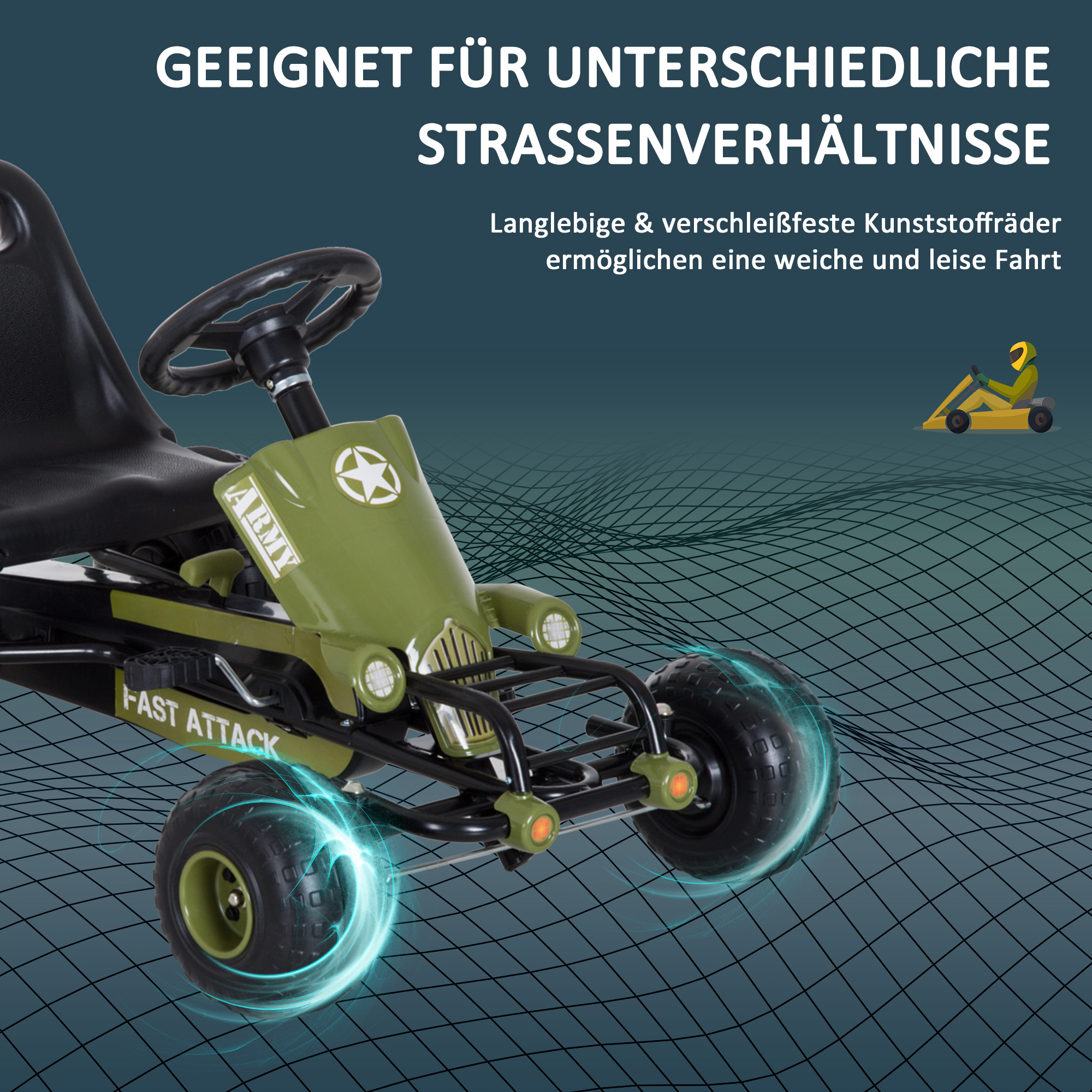 Go Kart Tretauto Tretfahrzeug mit Handbremse, Vor- und Rückwärtsgang, Kinderfahrzeug Kettcar Tretfahrzeug mit Verstellbarem Sitz für Kinder 3-6 Jahren, 99 x 65 x 56cm Grün