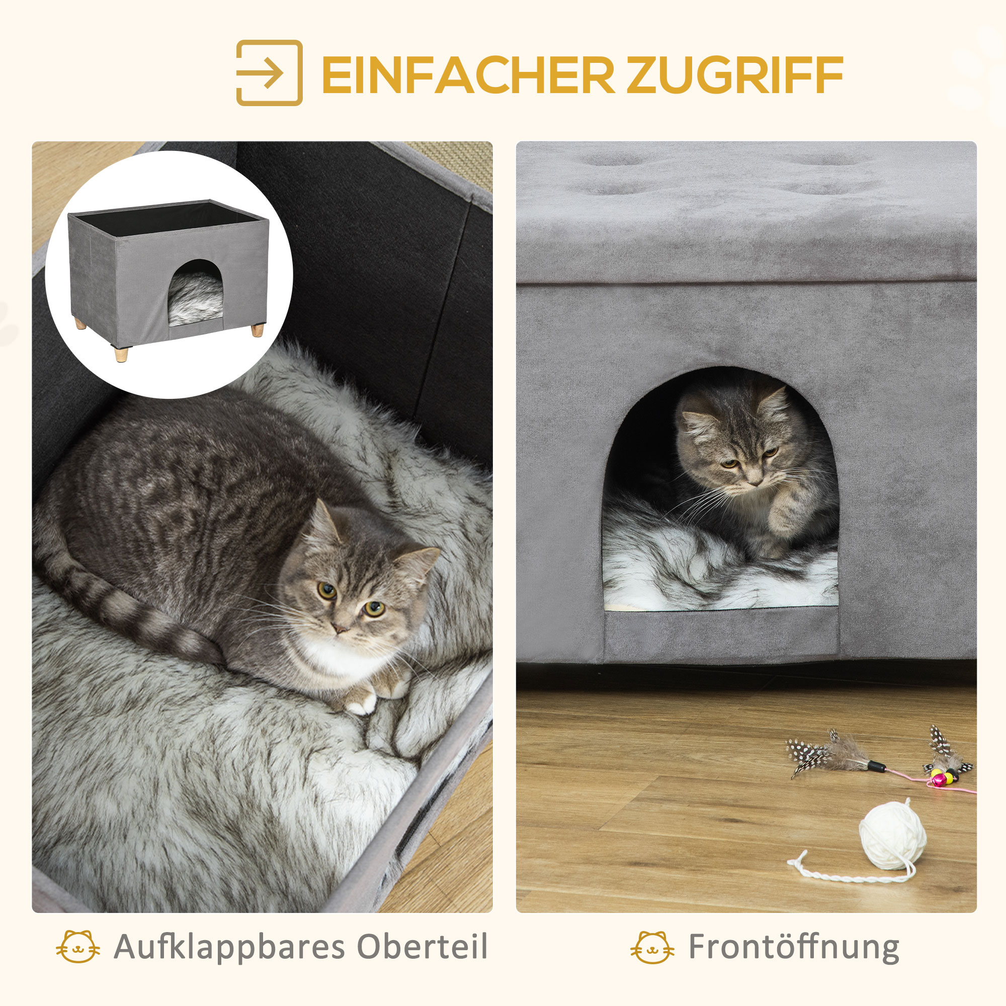 2-IN-1 Katzenhöhle Fußhocker mit Kissen Holzbeine Katzenhaus Katzenkorb weich gepolstert Ottomane elegantes Design abnehmbar MDF Plüsch Grau 60 x 45 x 44,5 cm