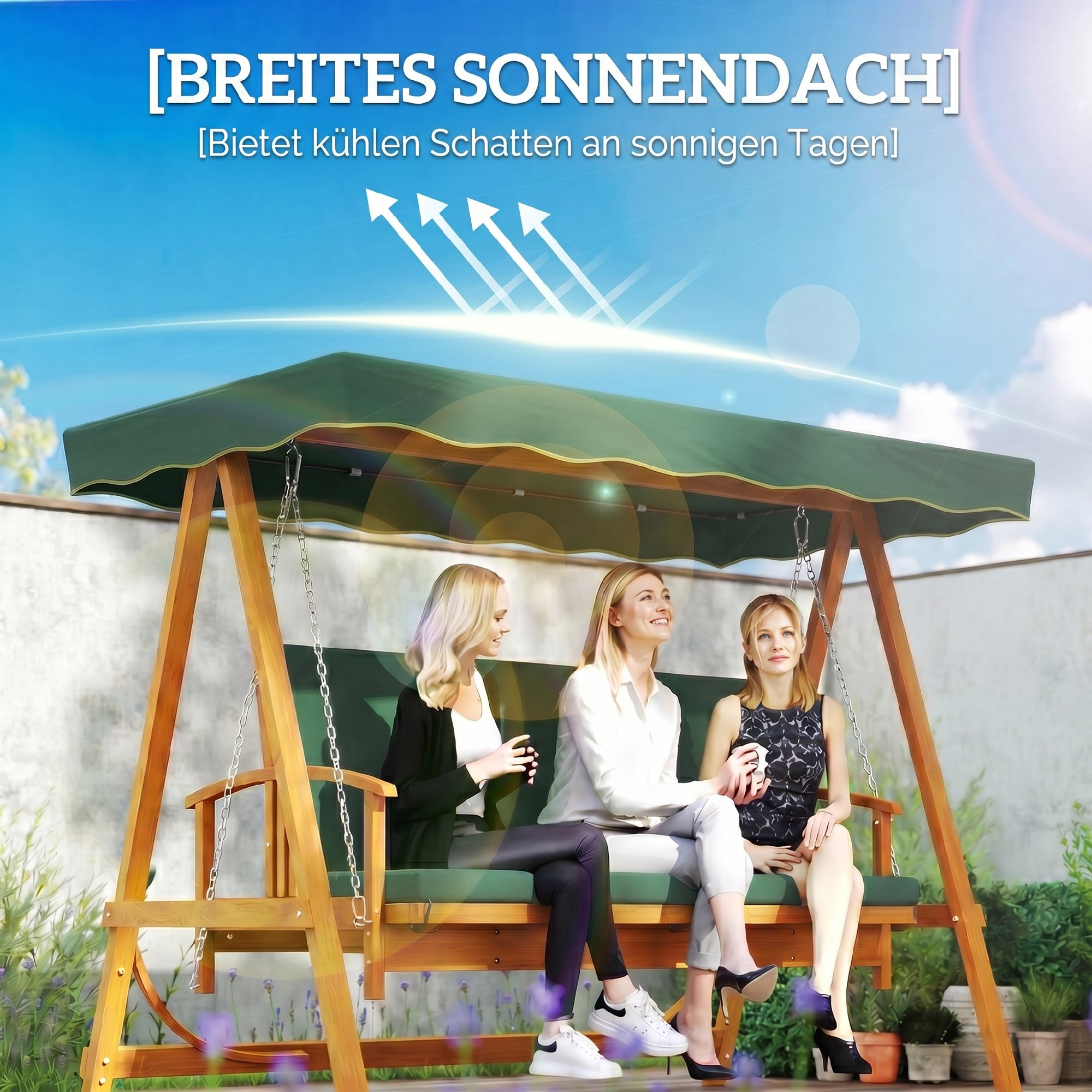 Hollywoodschaukel mit Liegefunktion, Gartenschaukel aus Holz, 3-Sitzer, für Garten, Terrasse, Dunkelgrün