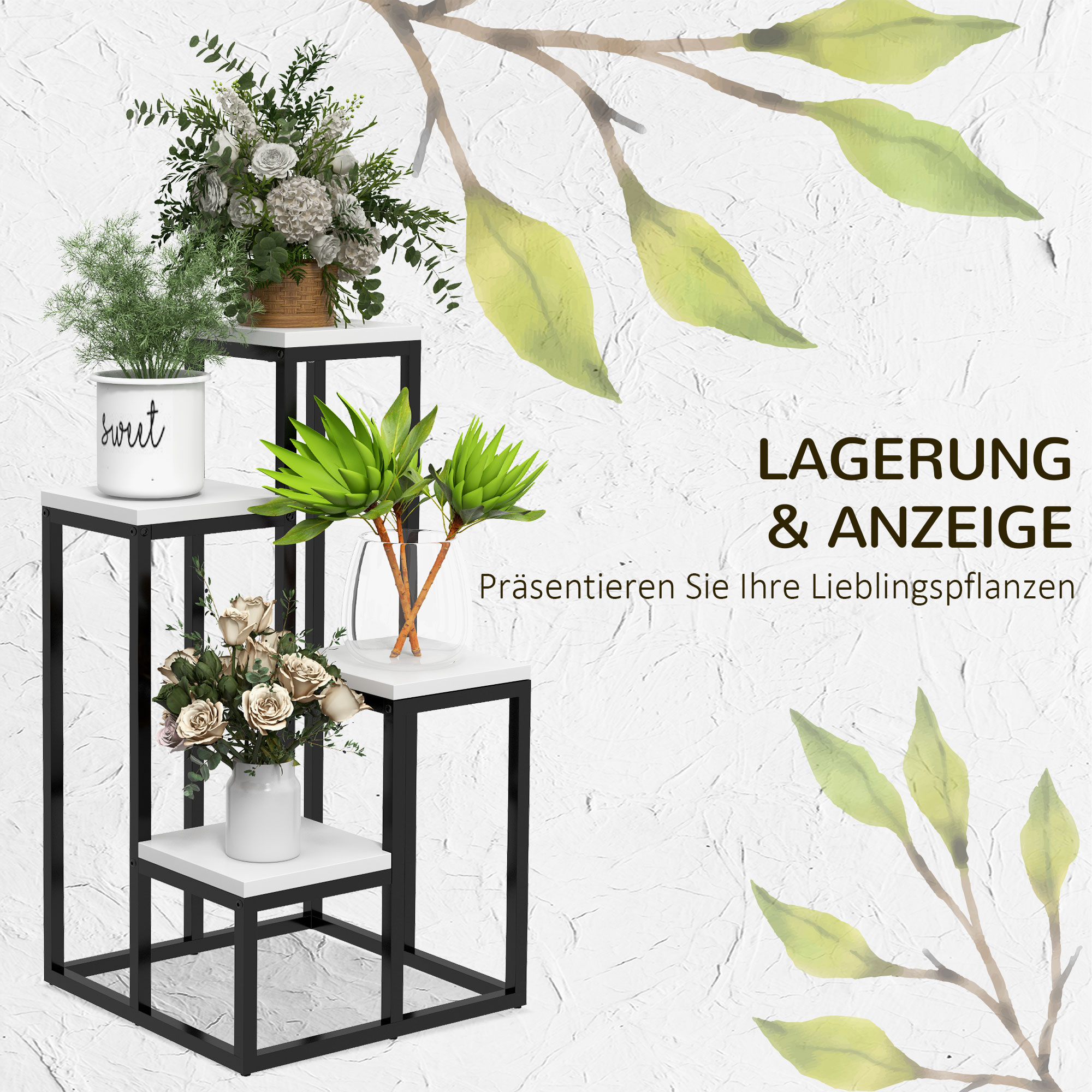 Blumenregal, 4 Etagen, Indoor & Outdoor, Metallrahmen, 34L x 34B x 70H cm, Schwarz+Weiß
