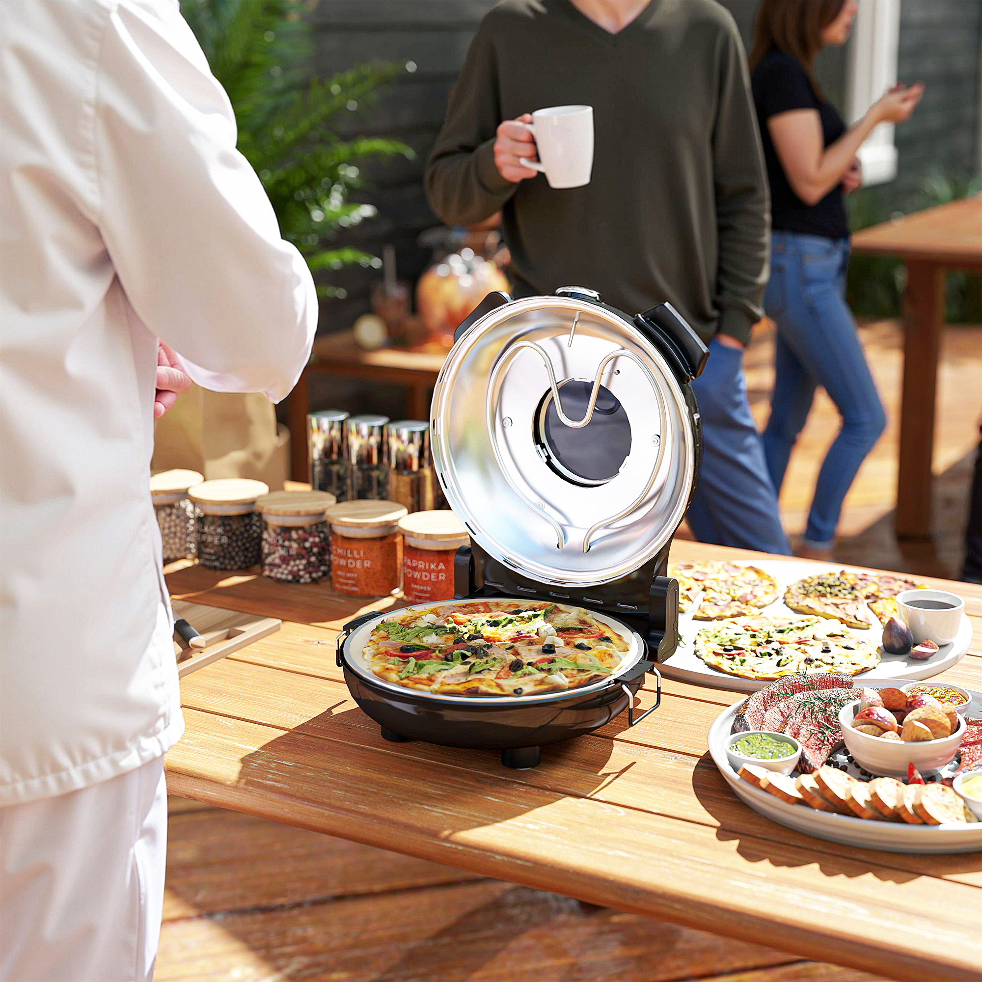 Pizzaofen elektrisch 430 ?, 1200 Watt Pizzabäcker mit 30cm Steinplatte Timer Sichtfenster Edelstahl Schwarz
