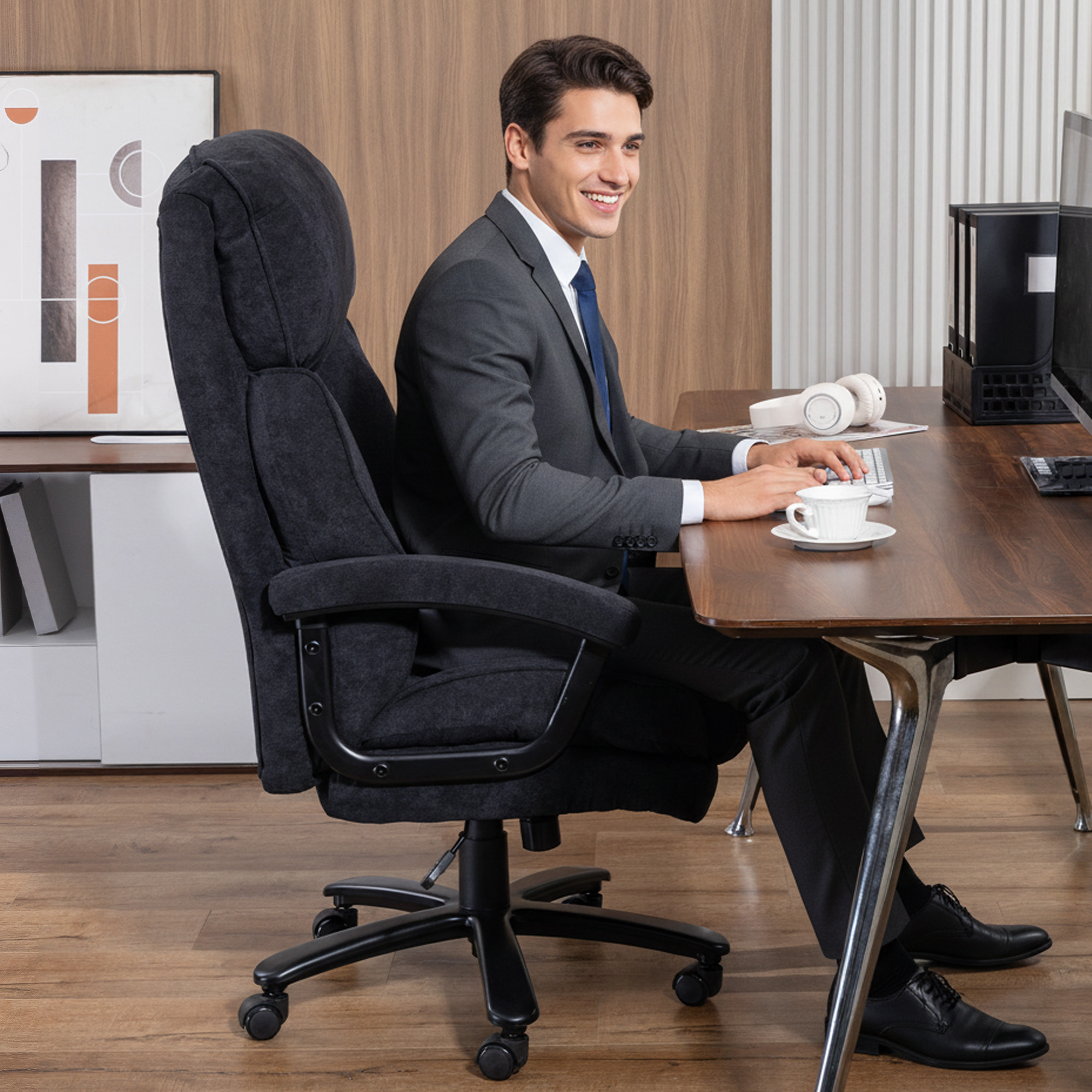 Chefsessel Ergonomisch Bürostuhl bis 200 kg mit Samtoptik, Hoher Rückenlehne, für Büro und Homeoffice Schwarz