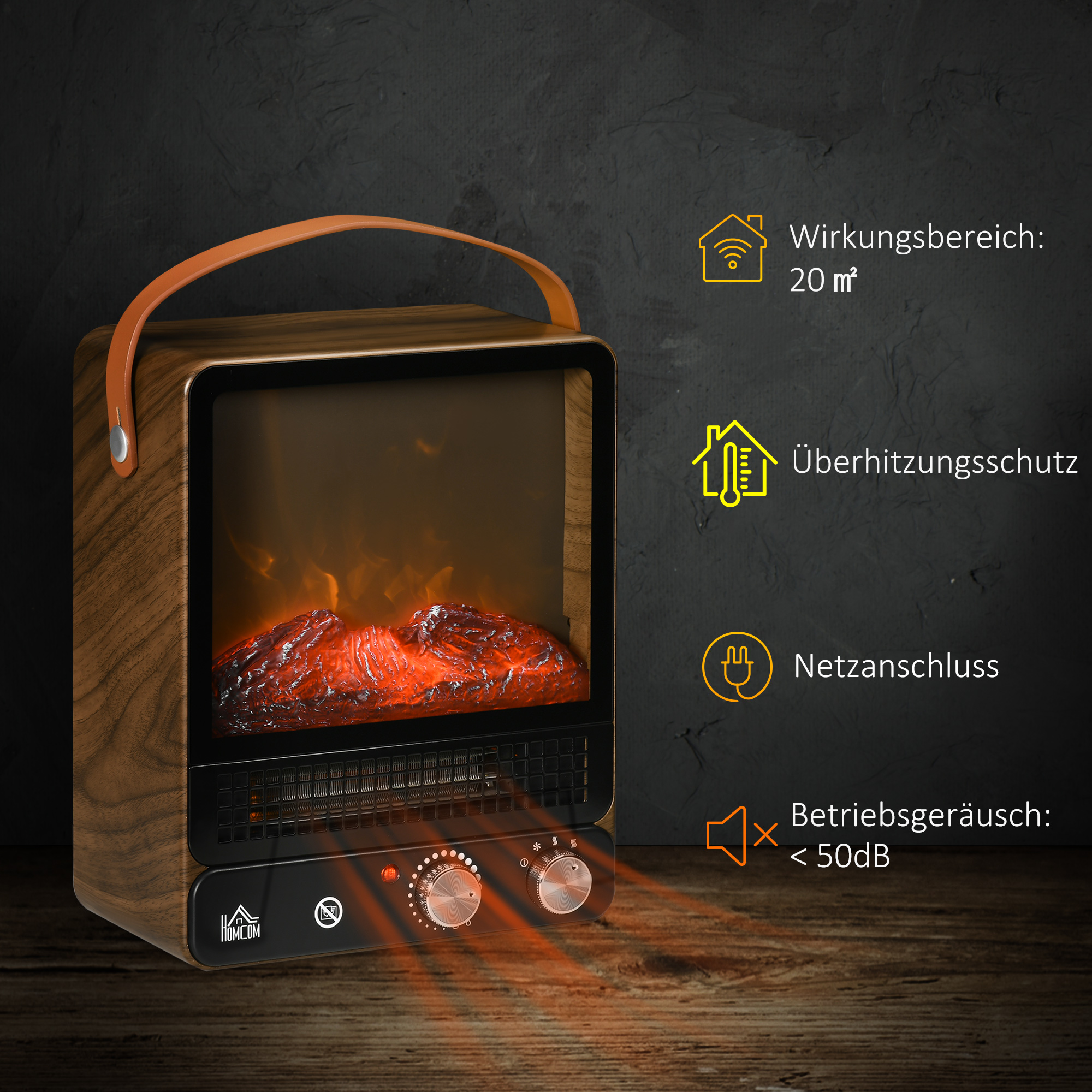 Elektrokamin, realistisches Feuer, 2 Heizmodi bis 50° C, Überhitzungsschutz, Walnussoptik, 30,3 x 17,5 x 37,4cm