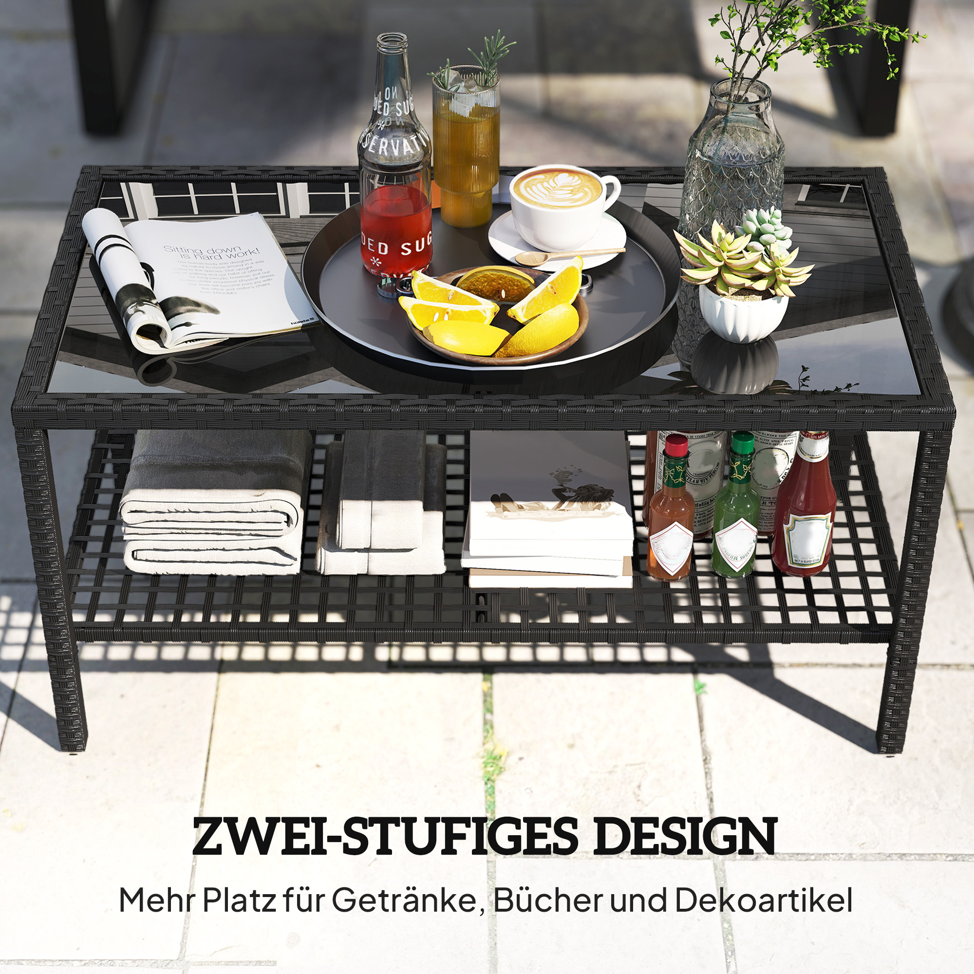 Rattan-Couchtisch, zweistufiger Outdoor-Tisch mit Ablagefach, gehärteter Glasplatte und Stahlrahmen, Schwarz