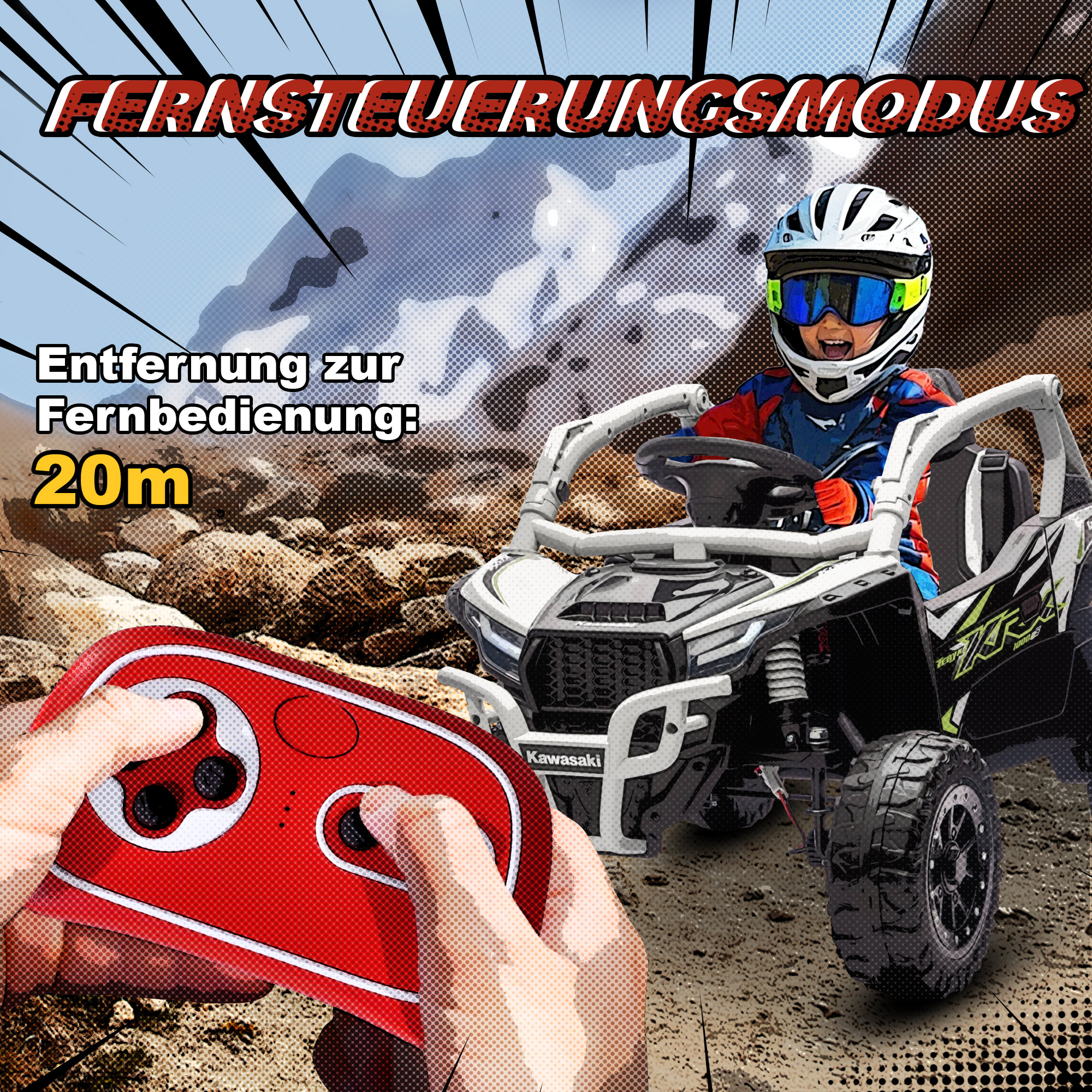 12V Geländefahrzeug für Kinder, Fernbedienung, LED-Lichter, Musik, Hupe, für Kinder von 3-8 Jahren, Grau