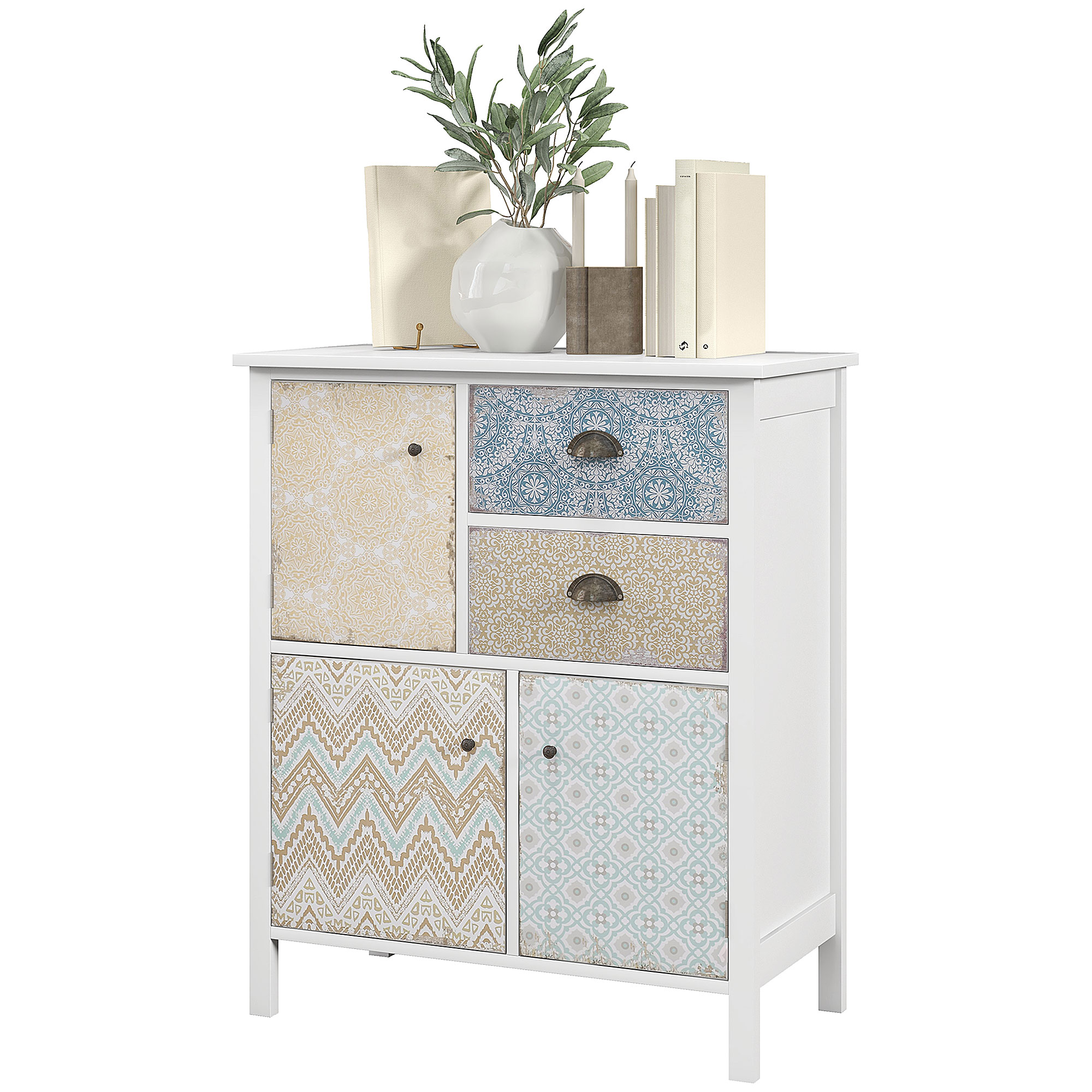 Sideboard, Shabby Chic Kommode, 2 Schubladen, 3 Schrankfächer, Kiefernholz, 68x34x80cm, Weiß