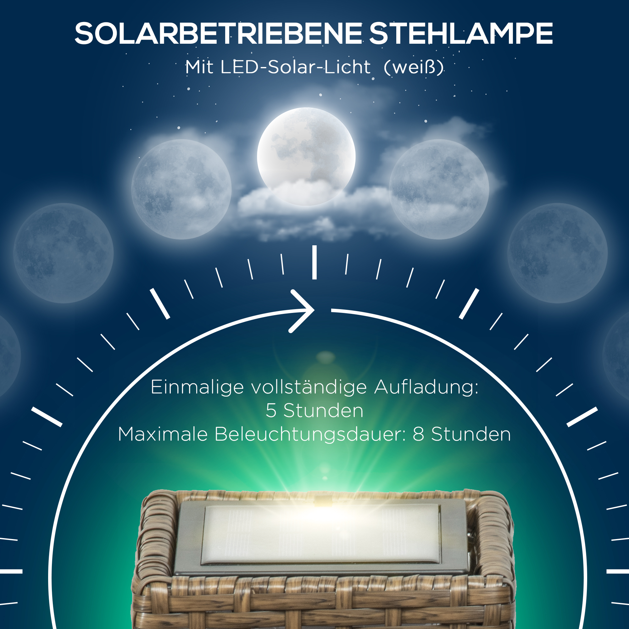 Außenleuchte, Gartenlampe, Solarbetrieb, 8h Leuchtdauer, Einschaltautomatik, Rattanoptik, 15,5 x 15,5 x 46 cm