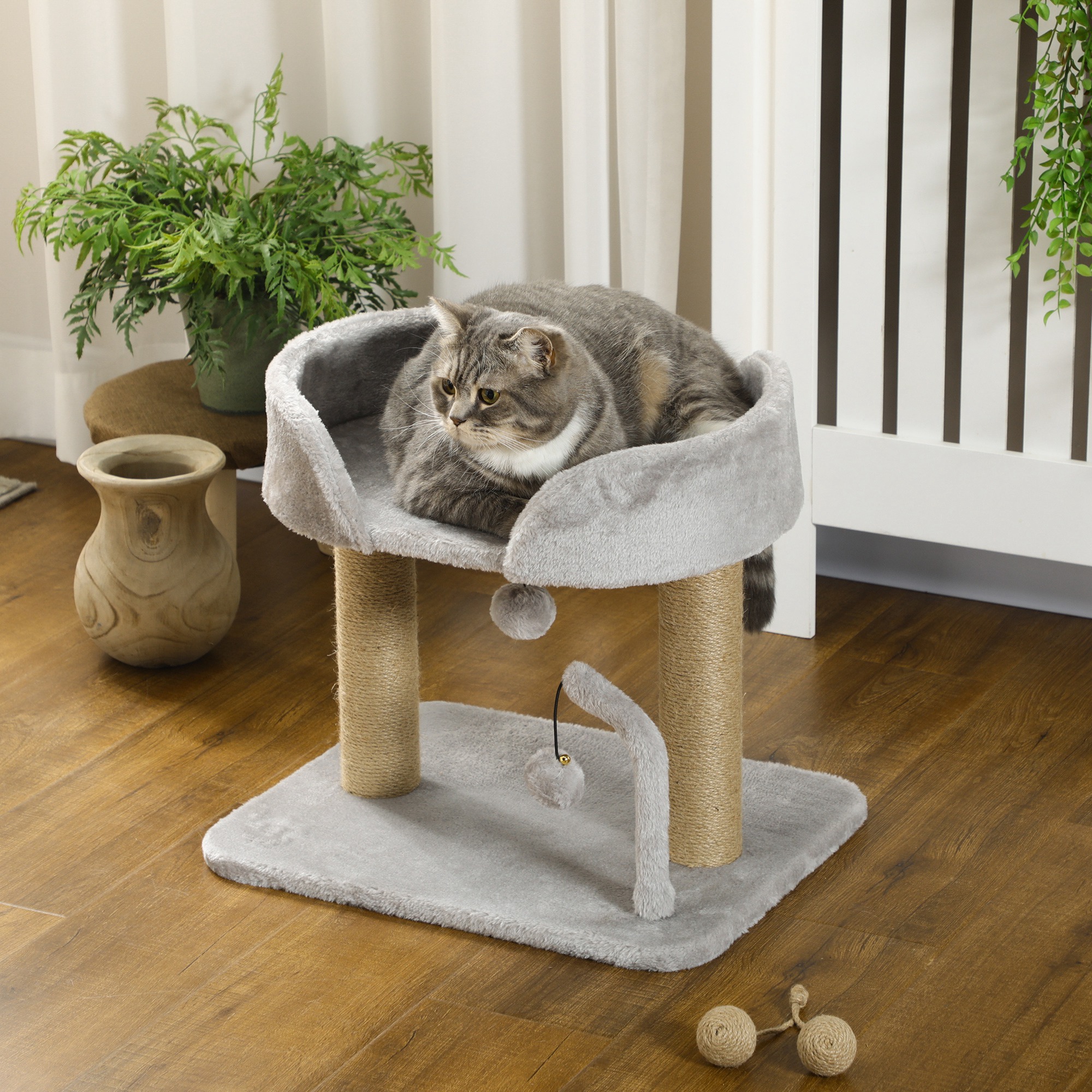Kratzbaum, 42 cm kleiner Katzenbaum mit Jute-Kratzpfosten, Plattform, Grau