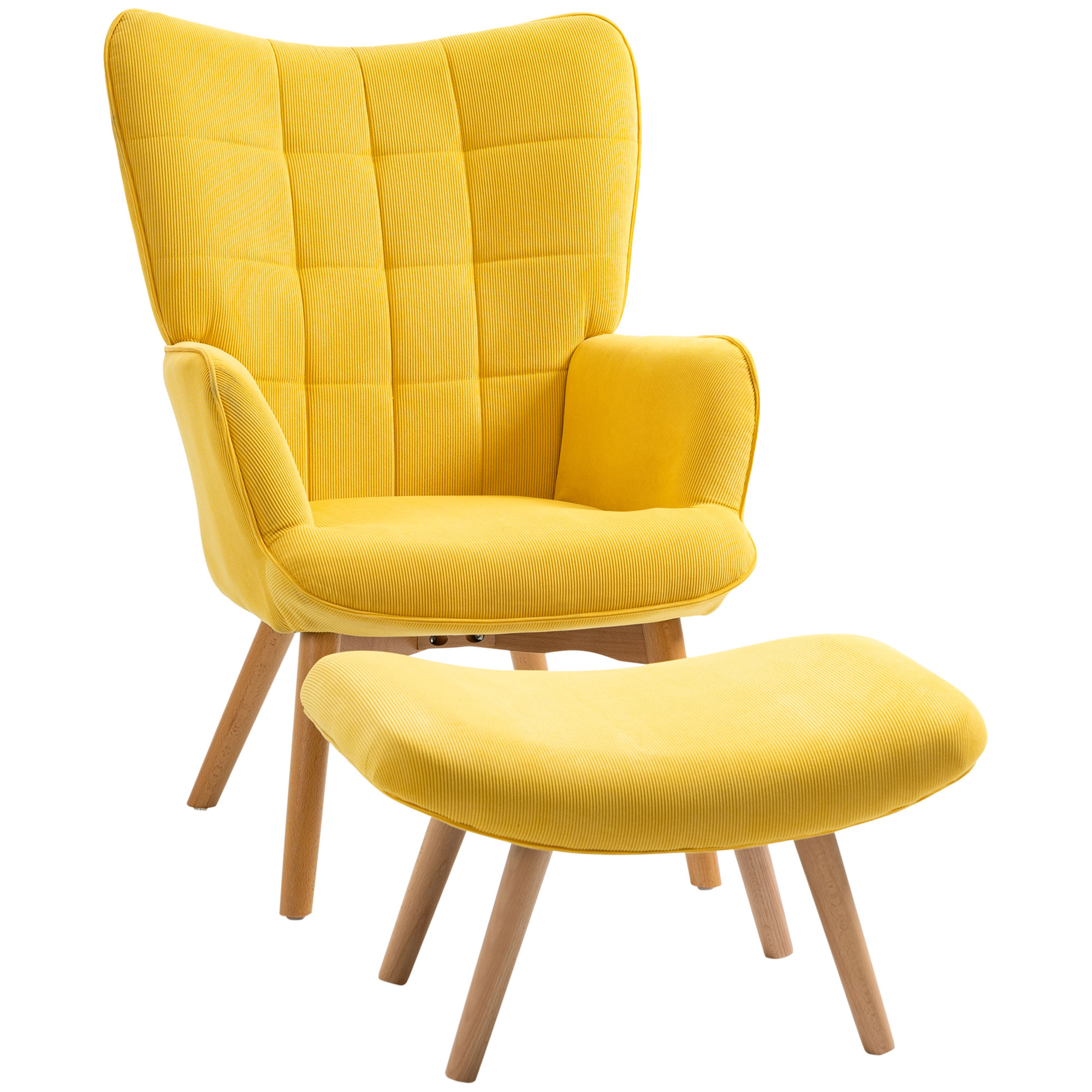 Akzentsessel mit Hocker, Relaxsessel in Cord-Optik, Armlehnstuhl mit Holzbeinen, für Wohnzimmer, Gelb