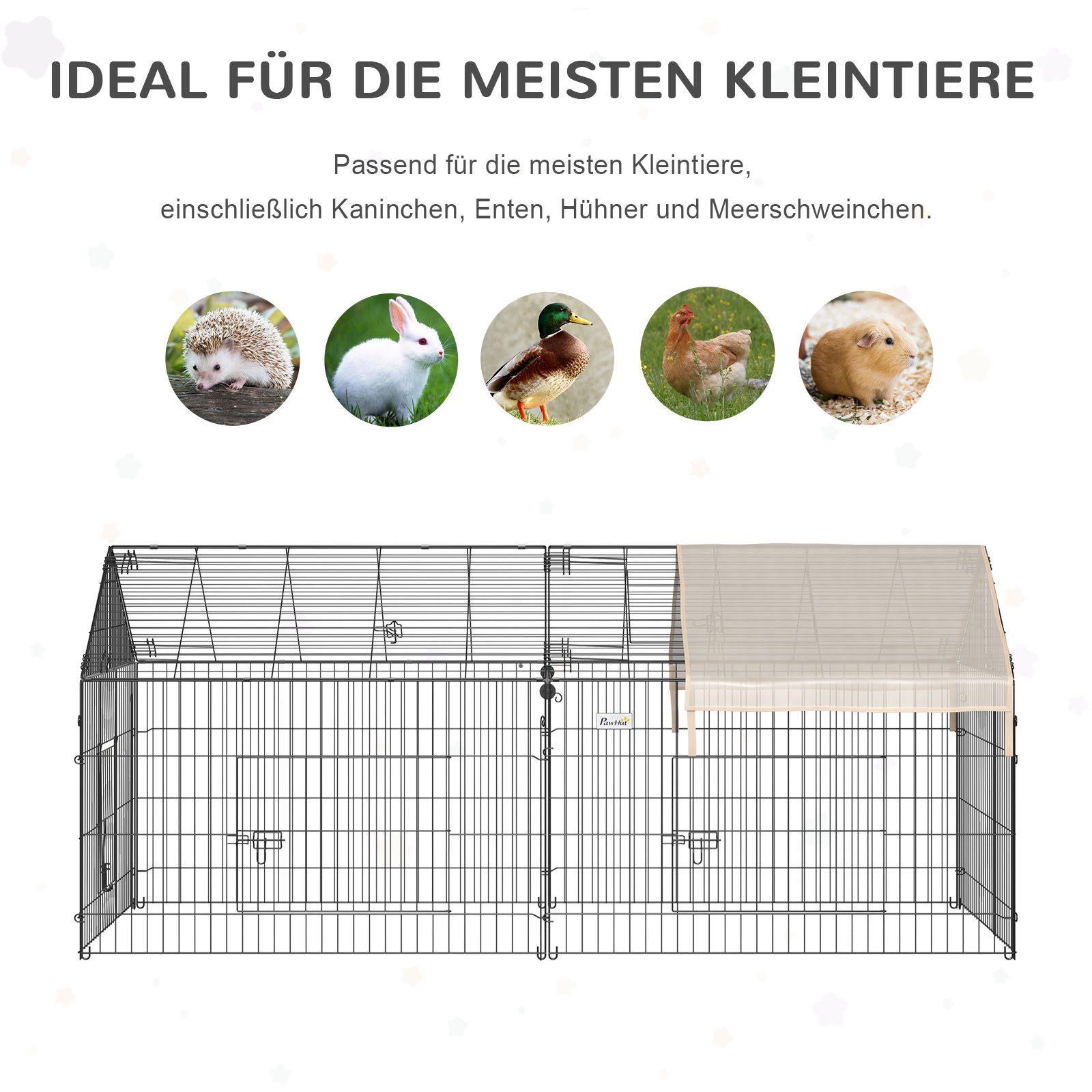 Laufgitter für Kleintiere, Außengehege, 4 Bodenspieße, 220 cm x 103 cm x 103 cm, Schwarz + Beige