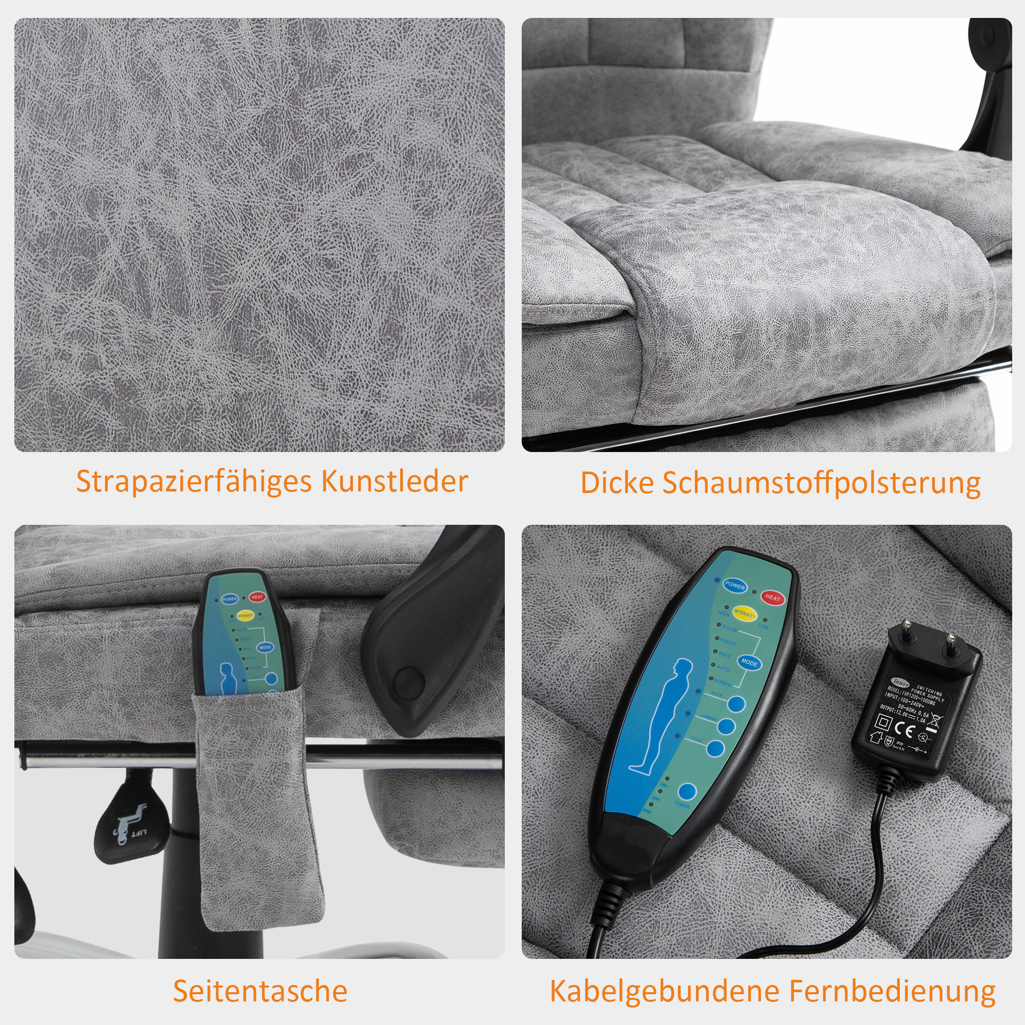 Bürostuhl mit Massagefunktion, Ergonomischer Schreibtischstuhl mit Heizfunktion, Liegefunktion, Höhenverstellbarer Drehstuhl mit Fußstütze, Seitentasche, grau