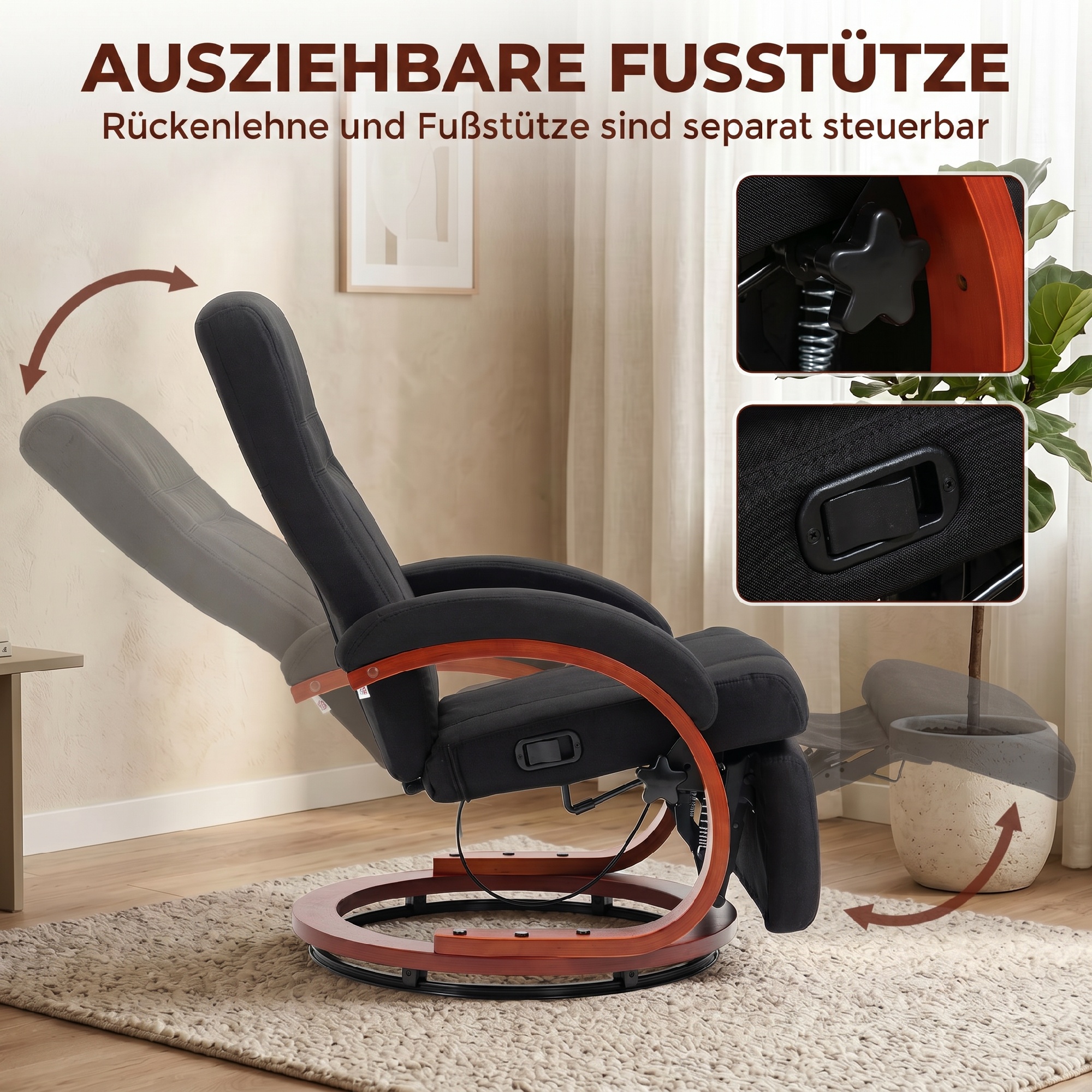 Relaxsessel mit Liegefunktion Fernsehsessel mit hoher Rückenlehne ergonomische Armlehne Fußstütze Holzbasis Leinenoptik