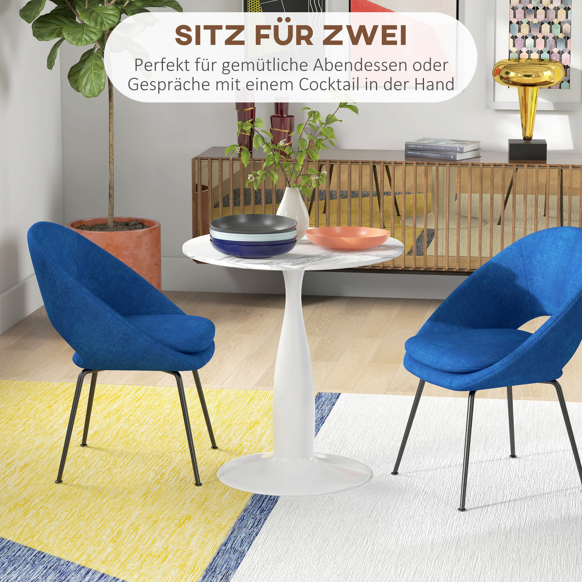 runder Esstisch, pulverbeschichteter Stahl, MDF mit Melamin, rutschfeste Füße, 70 x 74 cm, Weiß