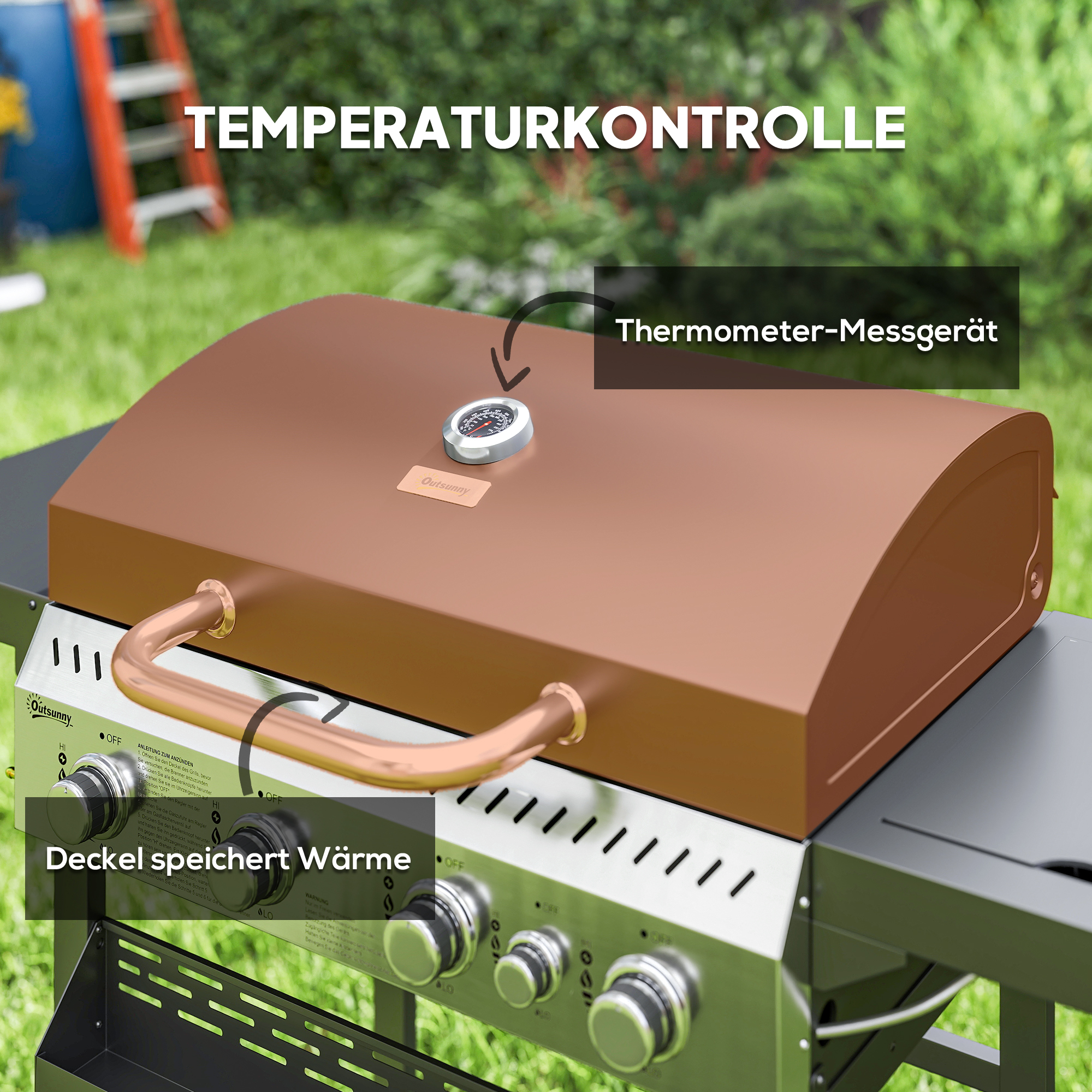 Gasgrill, BBQ-Grill, 4 Hauptbrenner, 1 Seitenkocher, 1 Warmhalteplatte; 135 x 55 x 103 cm, Schwarz