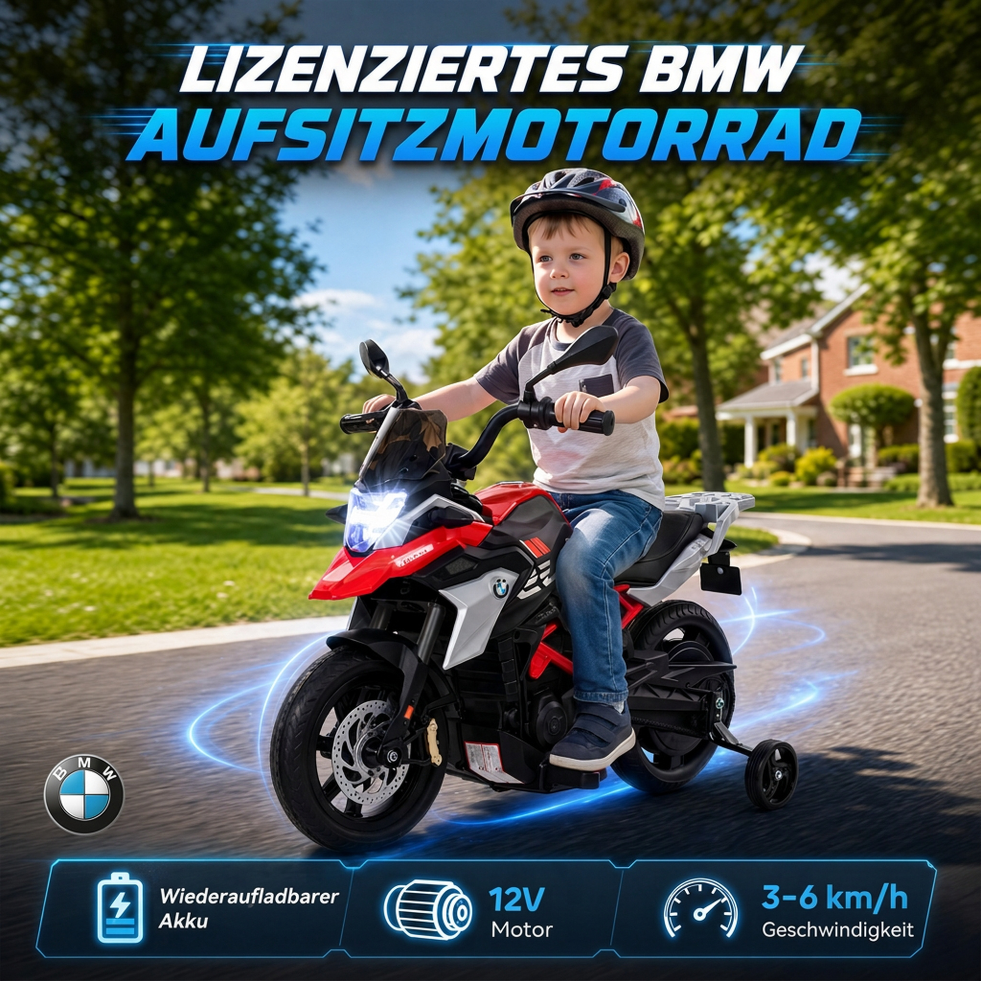 Elektro Motorrad Kinder BMW 12V Kinder Motocross mit Lithium Akku 35W Motor Drehgasgriff Stützrädern PU-Sitz bis 6km/h